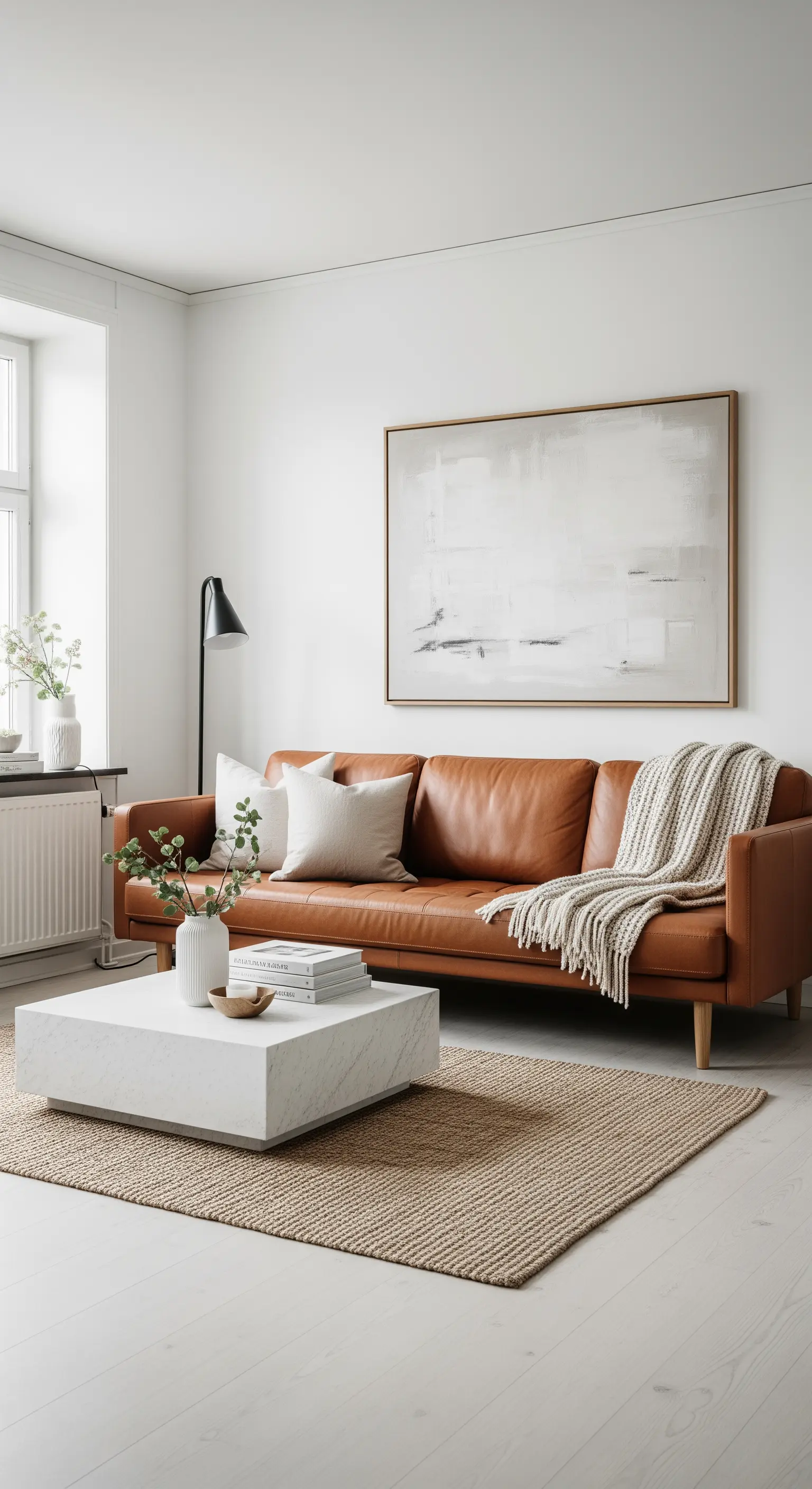 Interno minimalista scandinavo con divano in pelle chiara e tavolino a blocco in marmo.