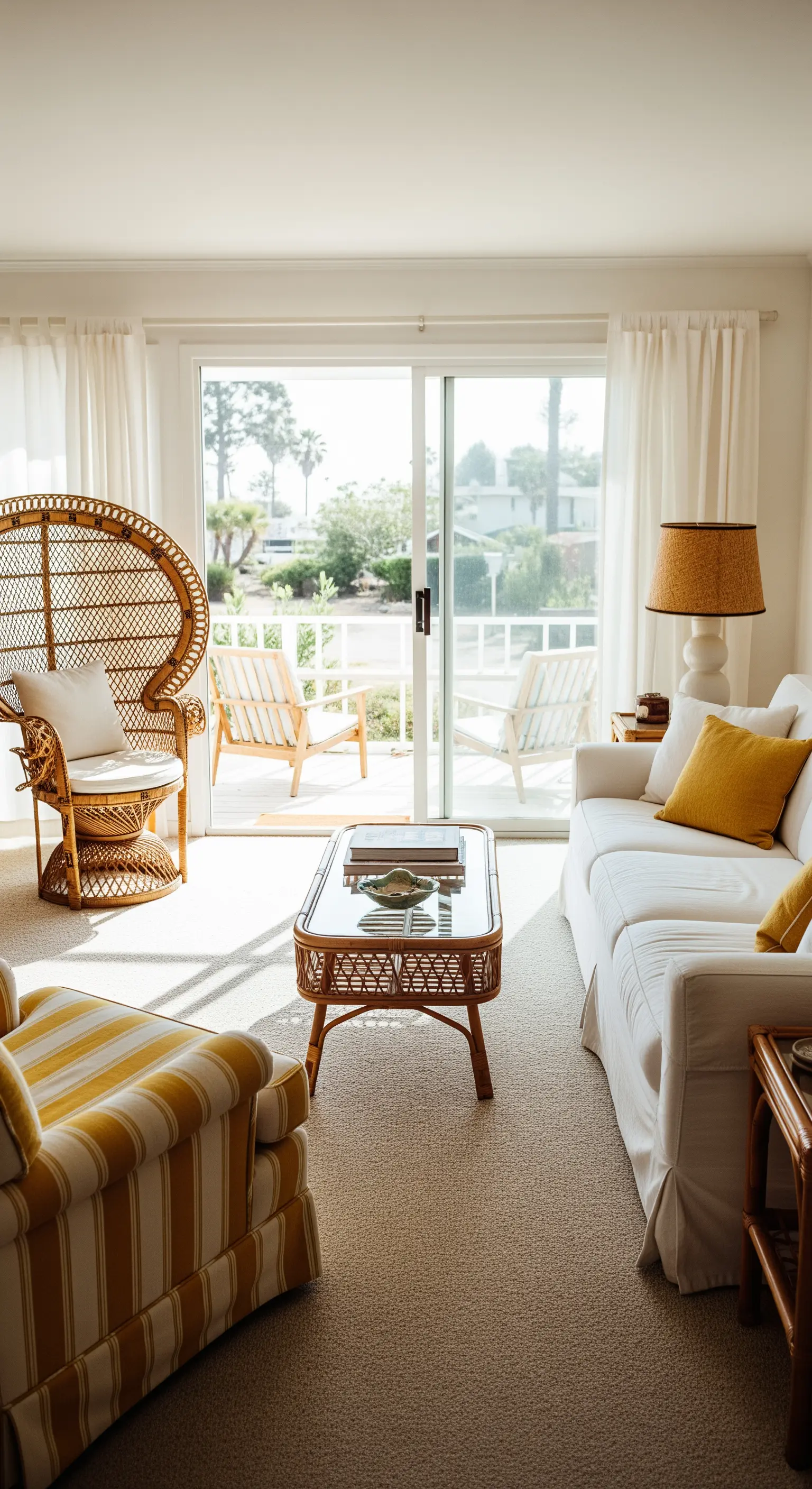 Salotto luminoso in stile costiero con sedia Peacock in rattan e cuscini color senape.