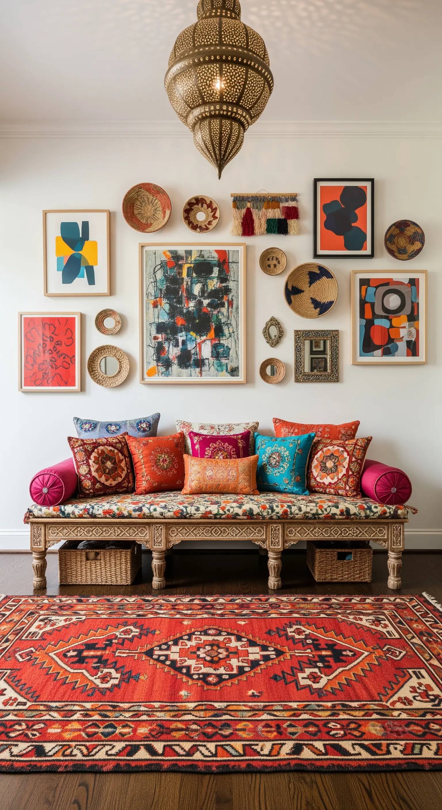 Ingresso eclettico con daybed ricco di cuscini, tappeto kilim e una fitta gallery wall.