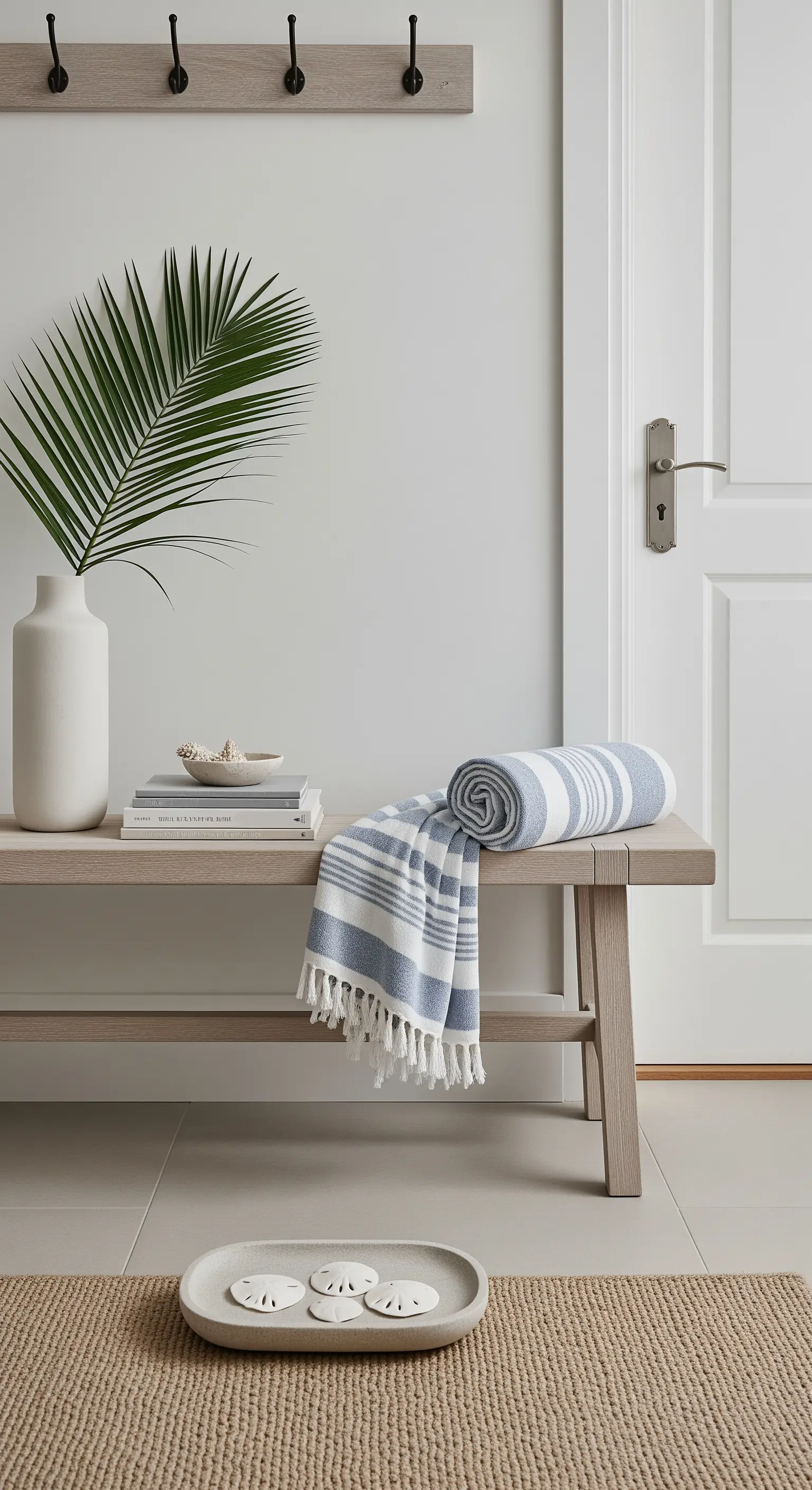 Ingresso minimalista con panca in legno chiaro, foglia di palma in un vaso e asciugamano a righe.