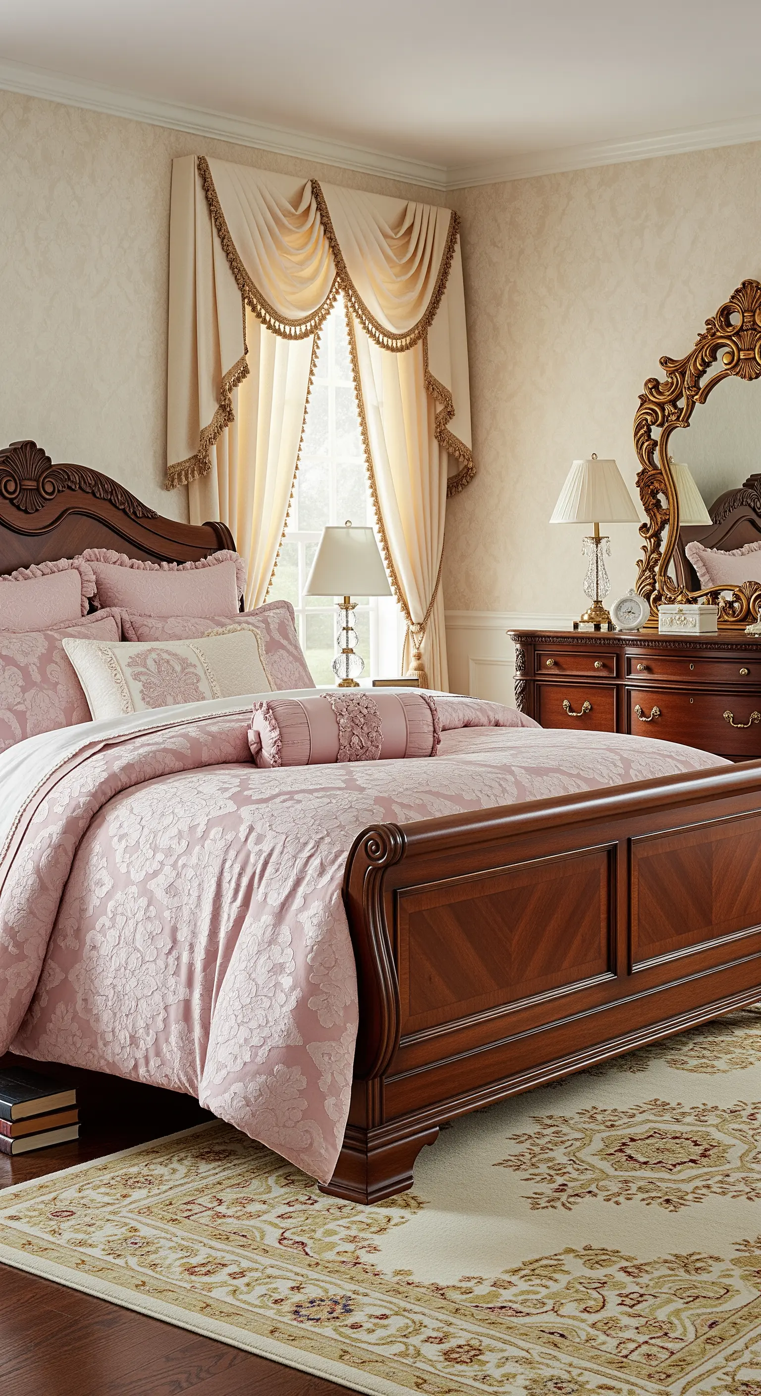 Camera tradizionale con letto in legno scuro, biancheria damascata rosa e specchio dorato.