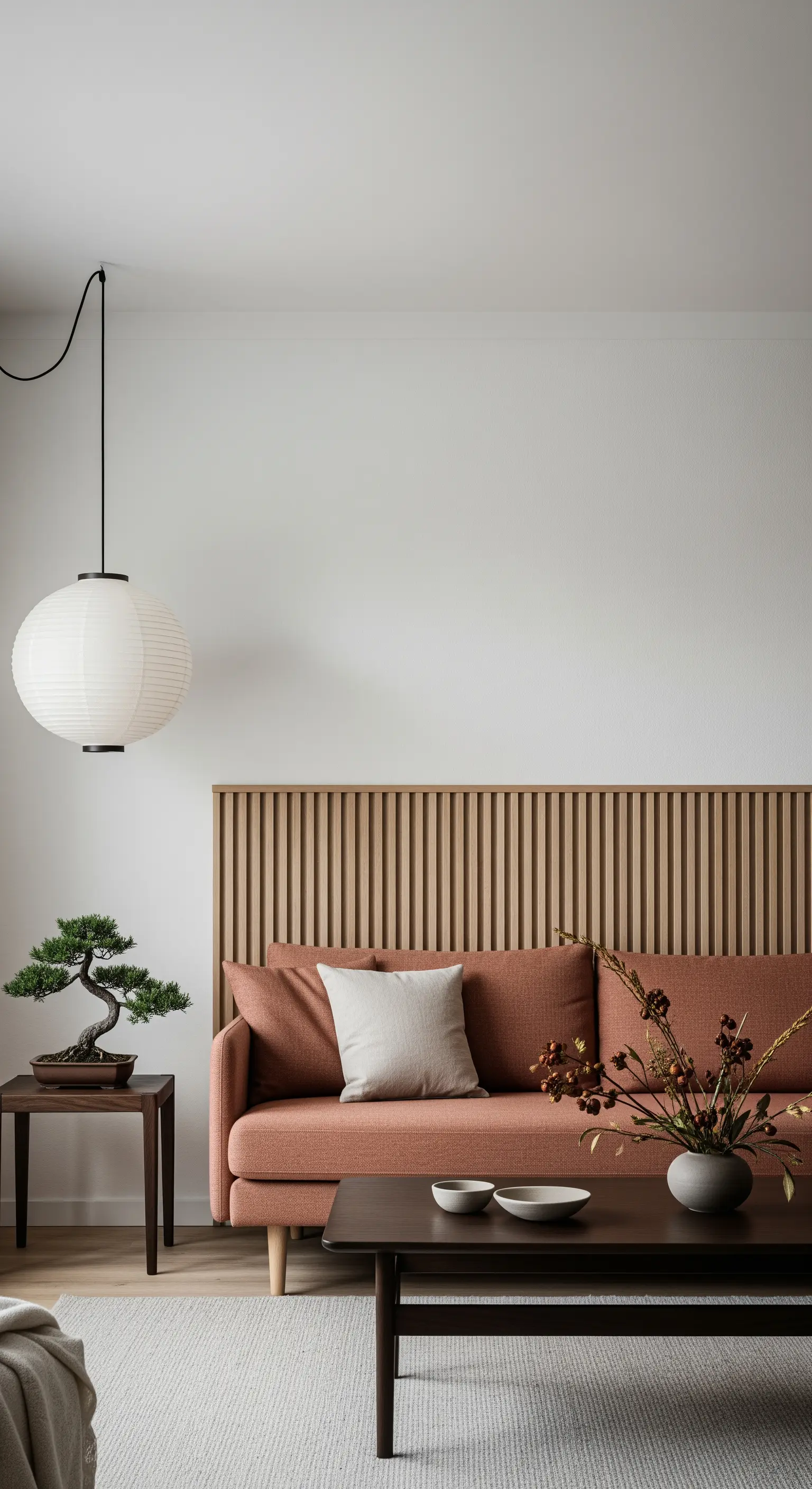 Divano terracotta accanto a una parete con listelli in legno e una lanterna di carta