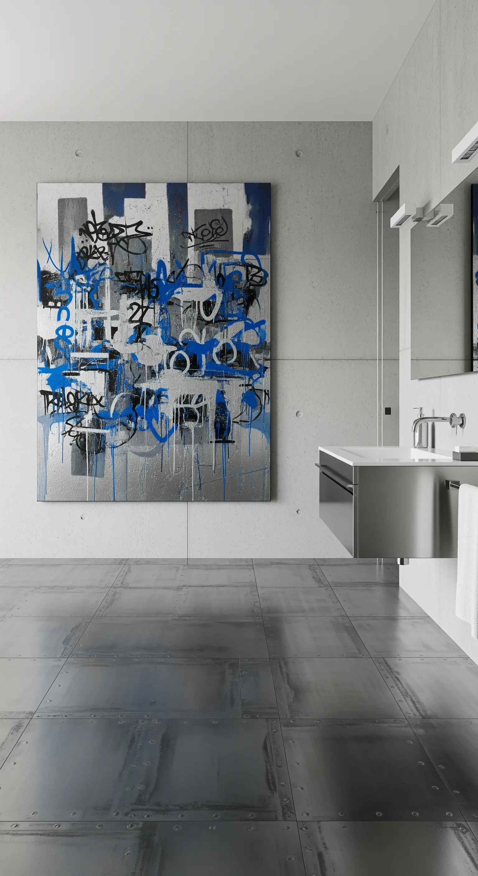 Bagno industriale con pareti in cemento, pavimento in metallo e un quadro stile graffiti.