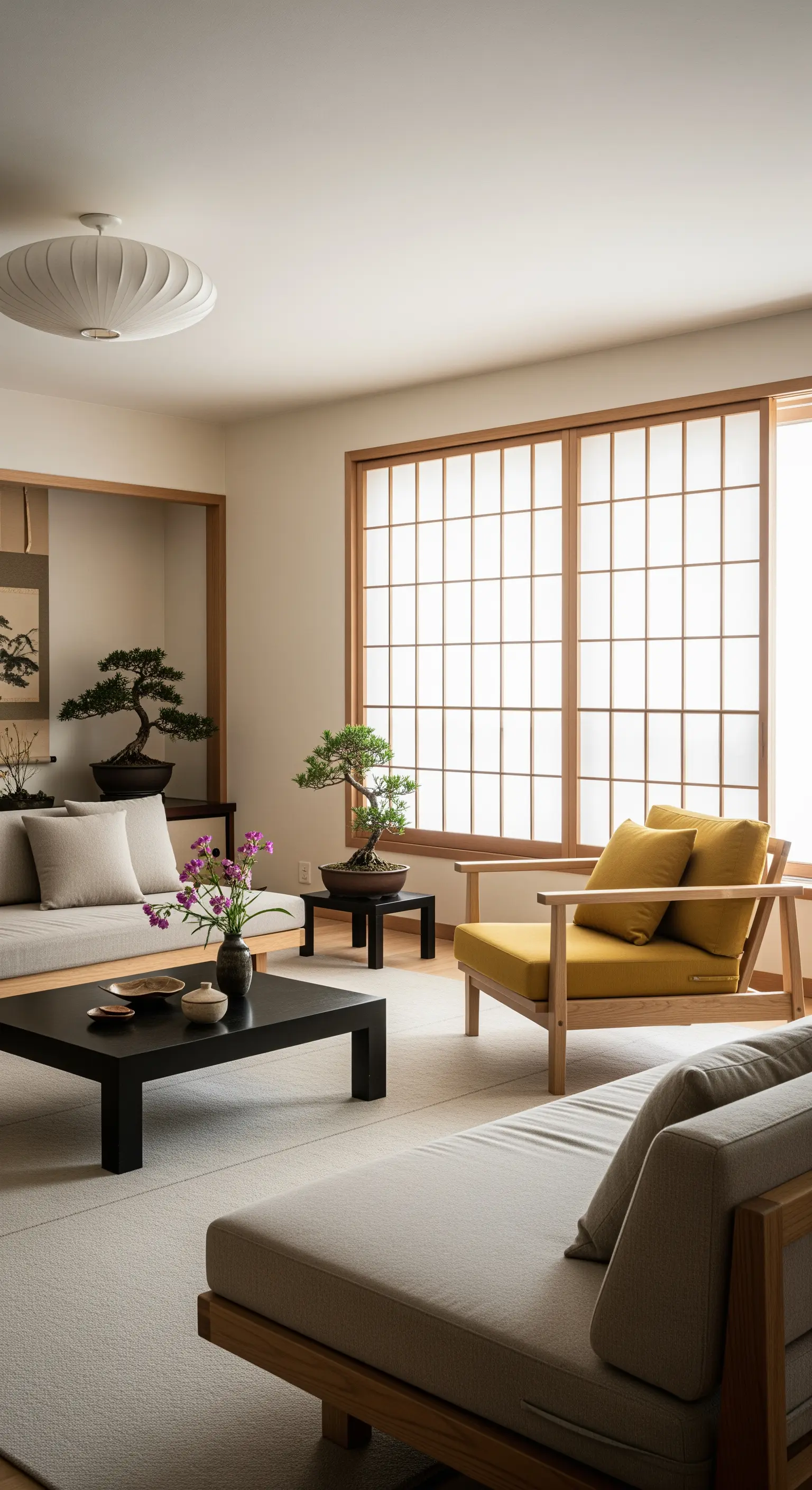 Salotto in stile giapponese con pannelli shoji, arredi bassi in legno e una poltrona senape.