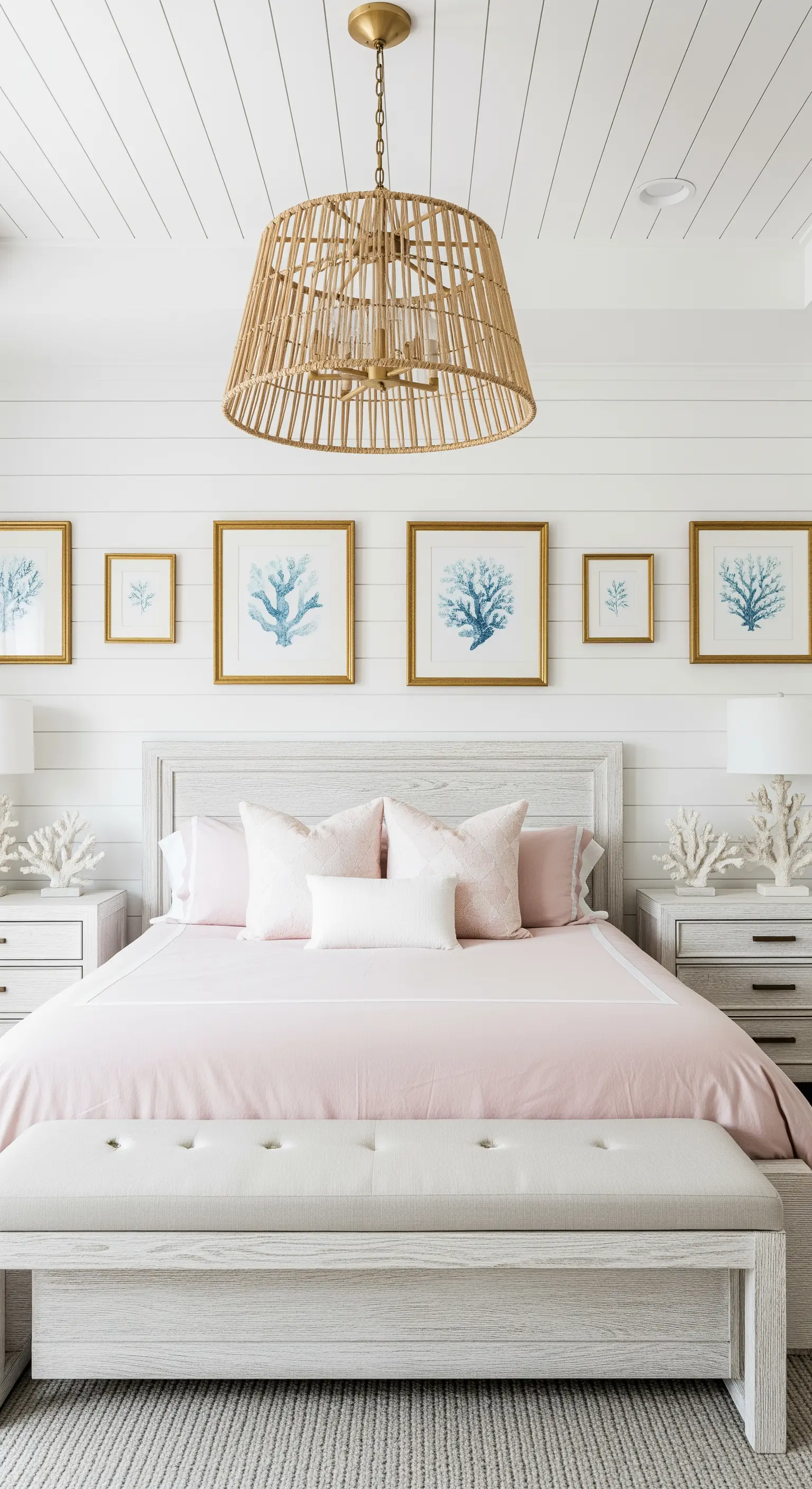 Camera da letto in stile costiero con pareti bianche, letto rosa e cornici dorate.