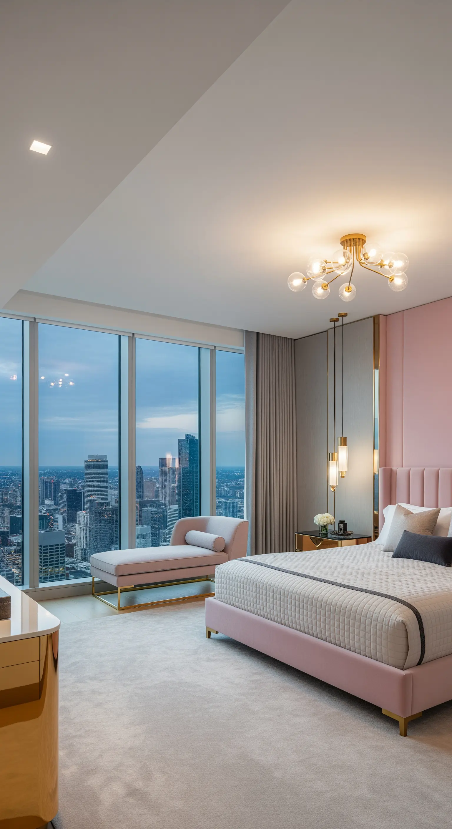 Camera da letto di lusso in un attico con grandi vetrate, letto rosa e arredi dorati.