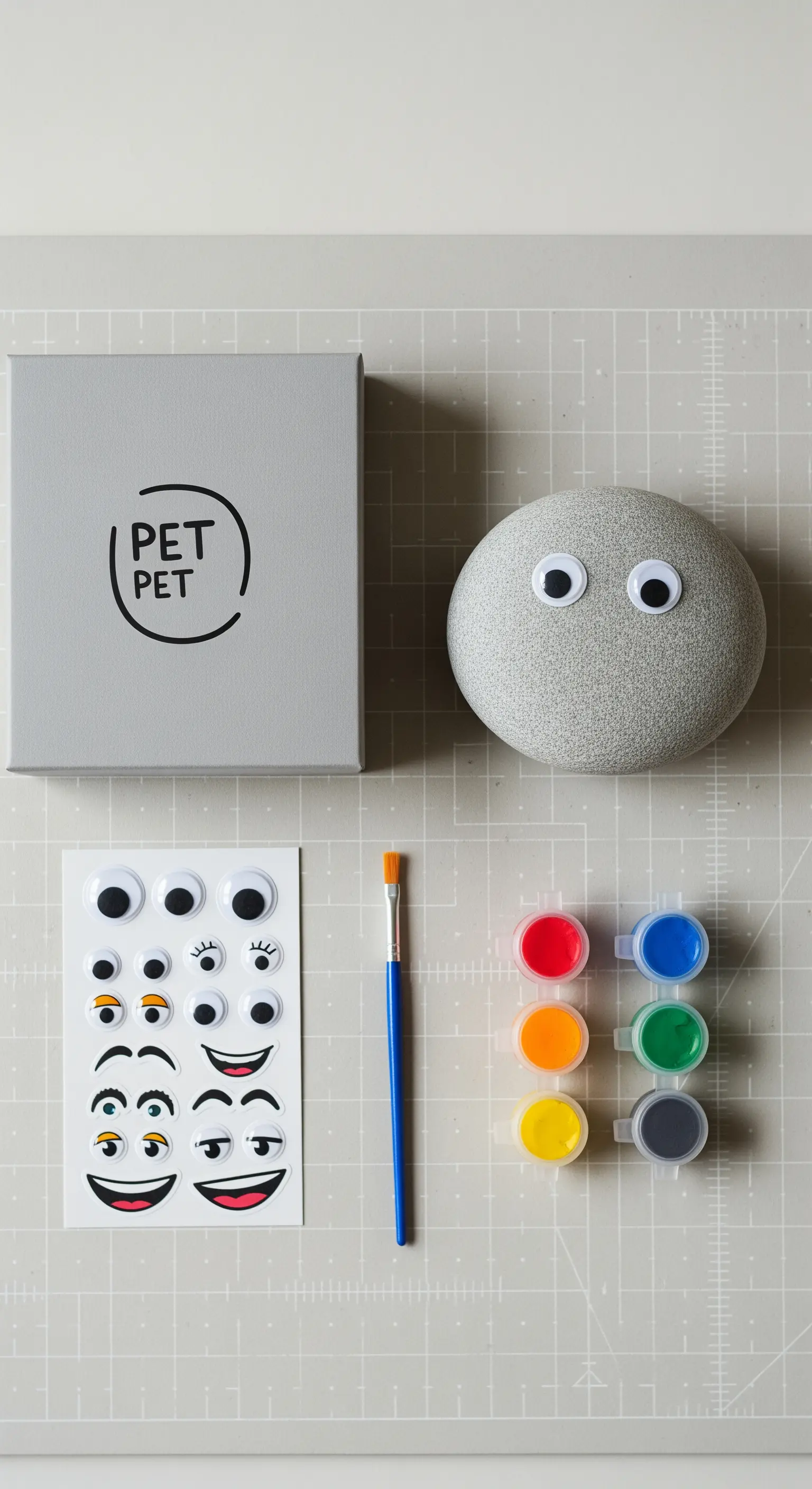 Kit per creare una 'pietra domestica' con sasso, occhi adesivi e colori.