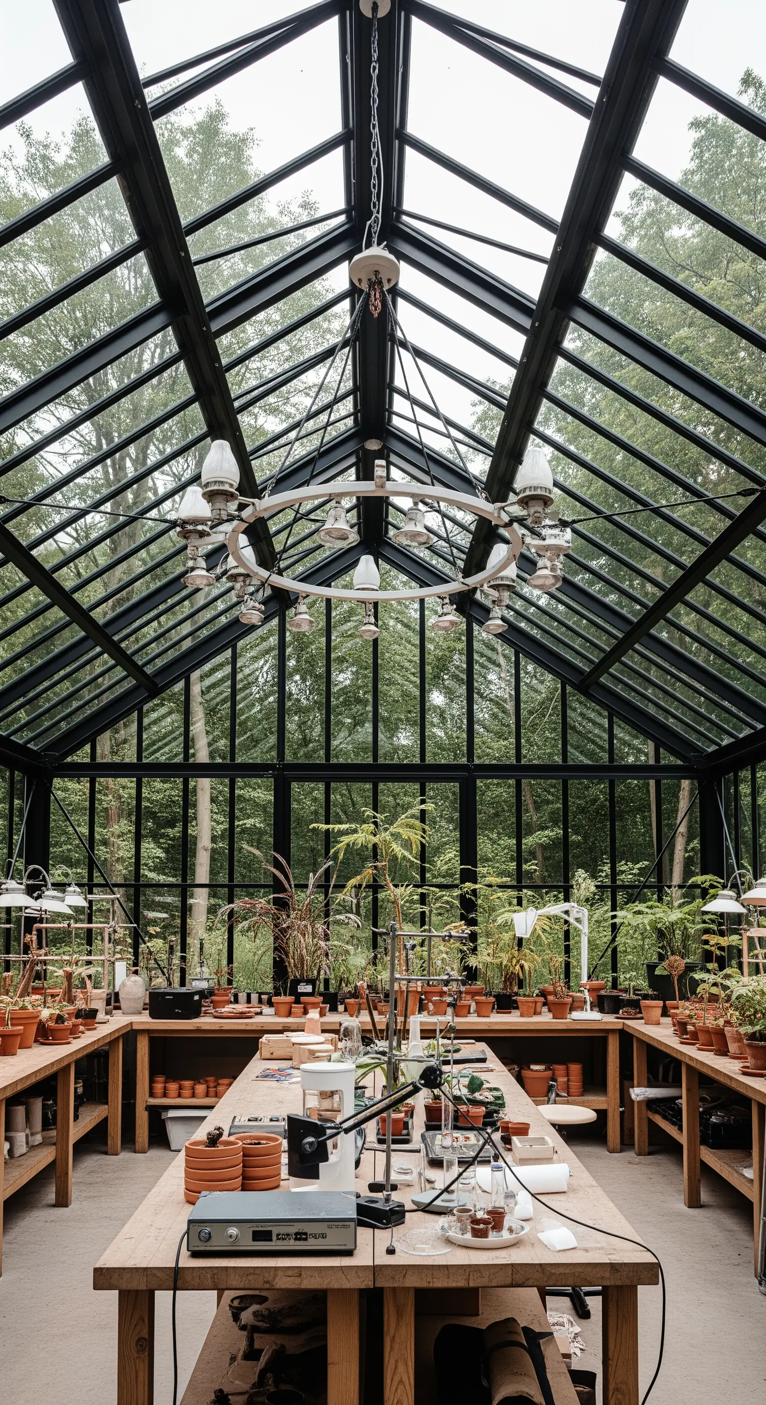 Laboratorio botanico in una serra con struttura in metallo nero e lampadario industriale circolare.