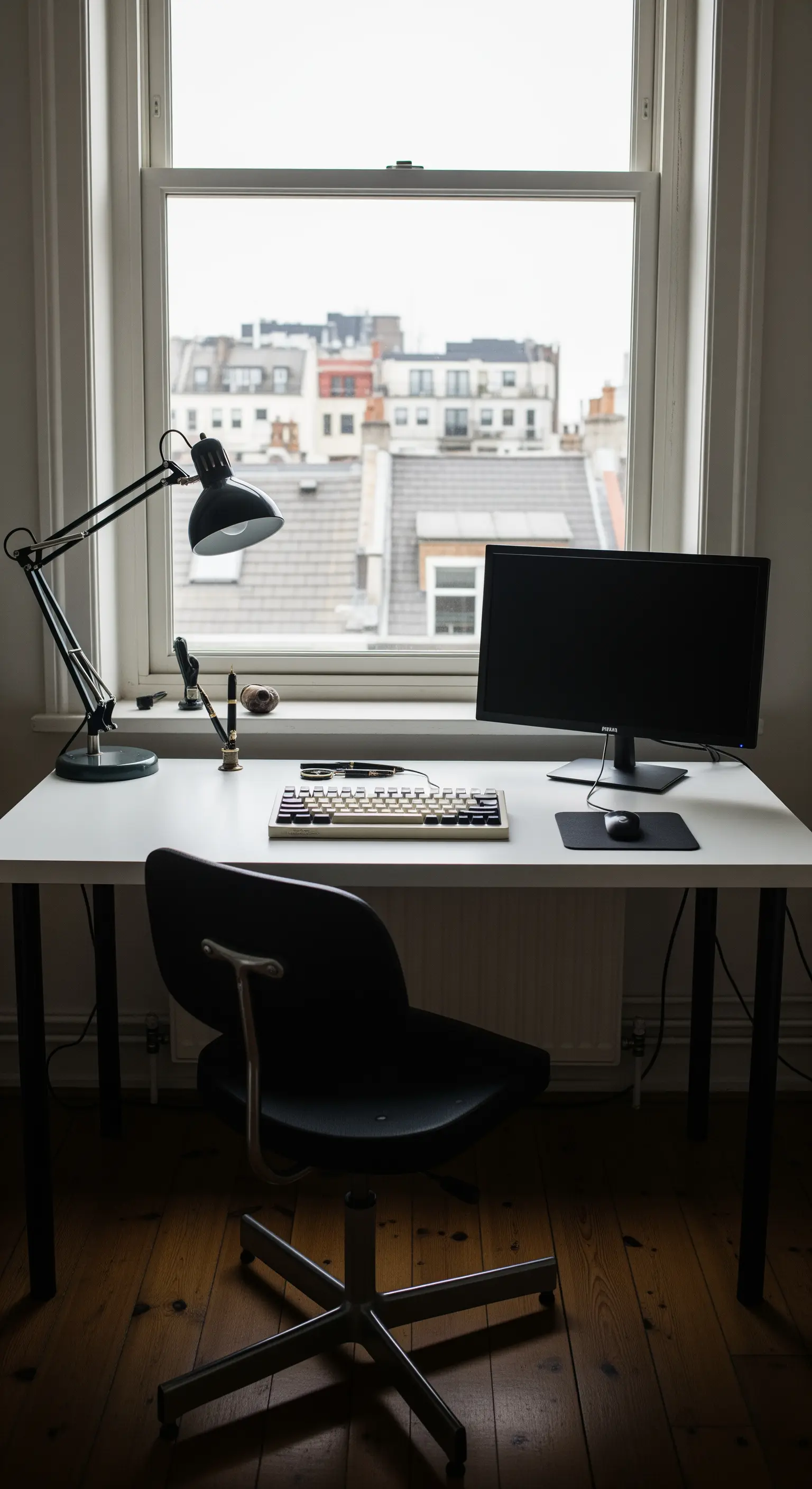 Scrivania bianca vicino a una finestra con vista sui tetti della città, con lampada da architetto.