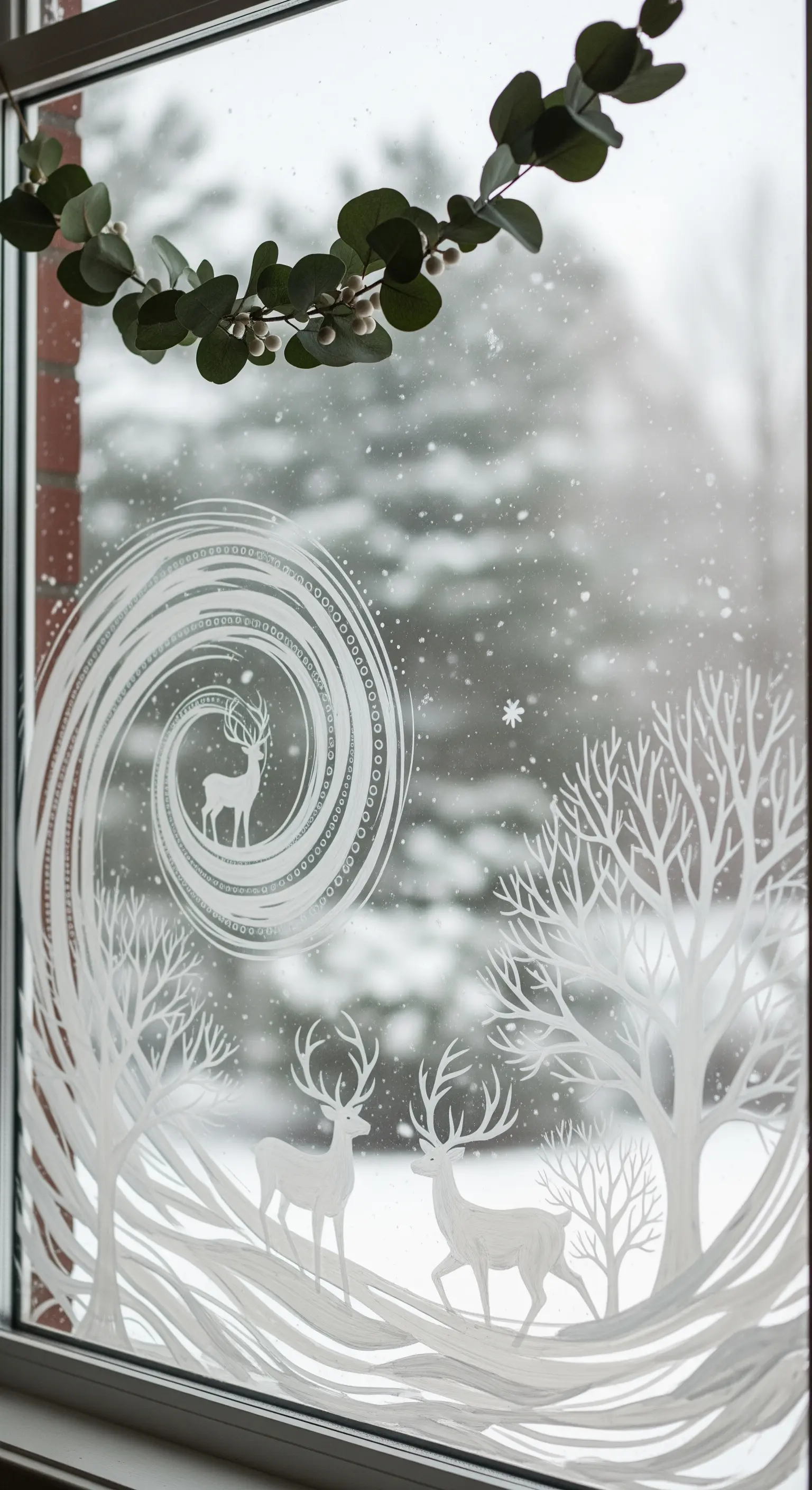 Disegno di cervi e alberi in un paesaggio innevato dipinto su un vetro di finestra.