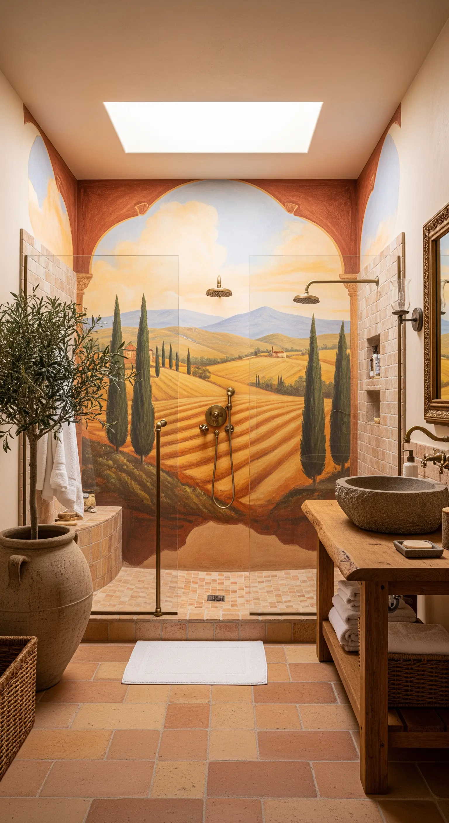 Bagno rustico con murale di un paesaggio toscano, pavimento in cotto e lavabo in pietra.