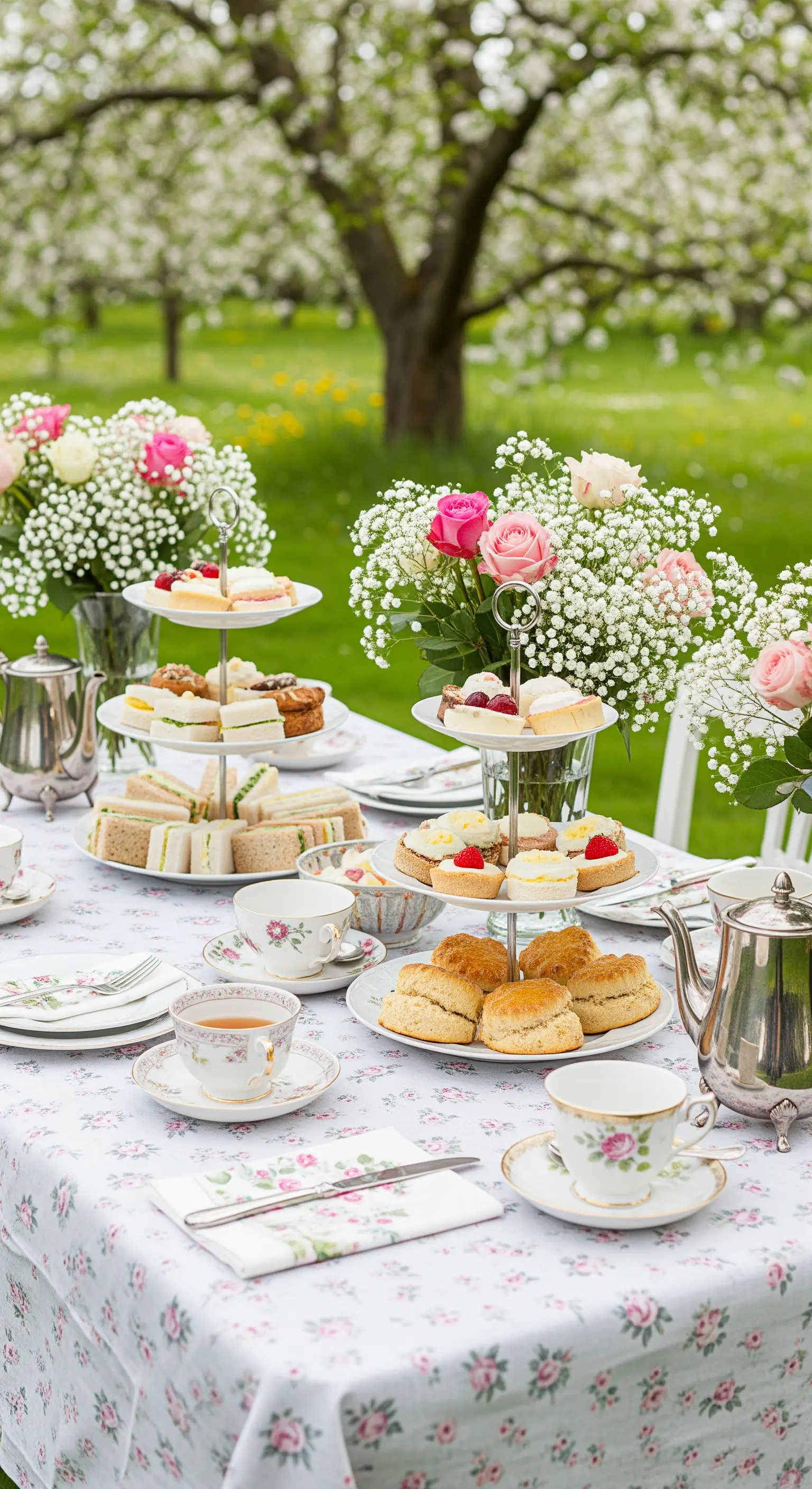 Tavola apparecchiata per un tè inglese in giardino, con alzatine, scones e tazze floreali.