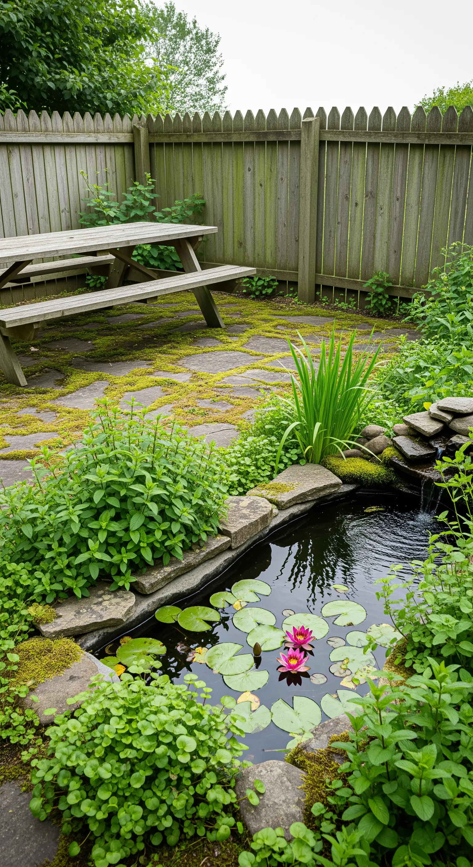 Piccolo stagno con ninfee e tavolo da picnic in un giardino con muschio.