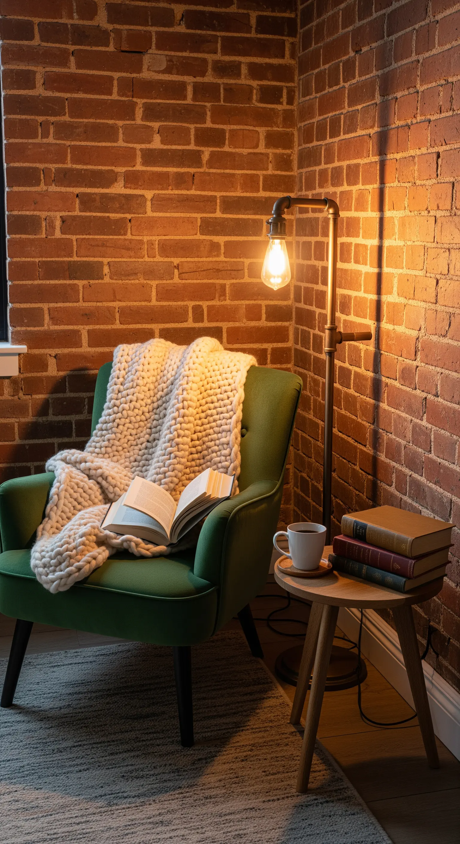 Poltrona verde con coperta in lana accanto a una lampada da terra industriale contro un muro di mattoni.
