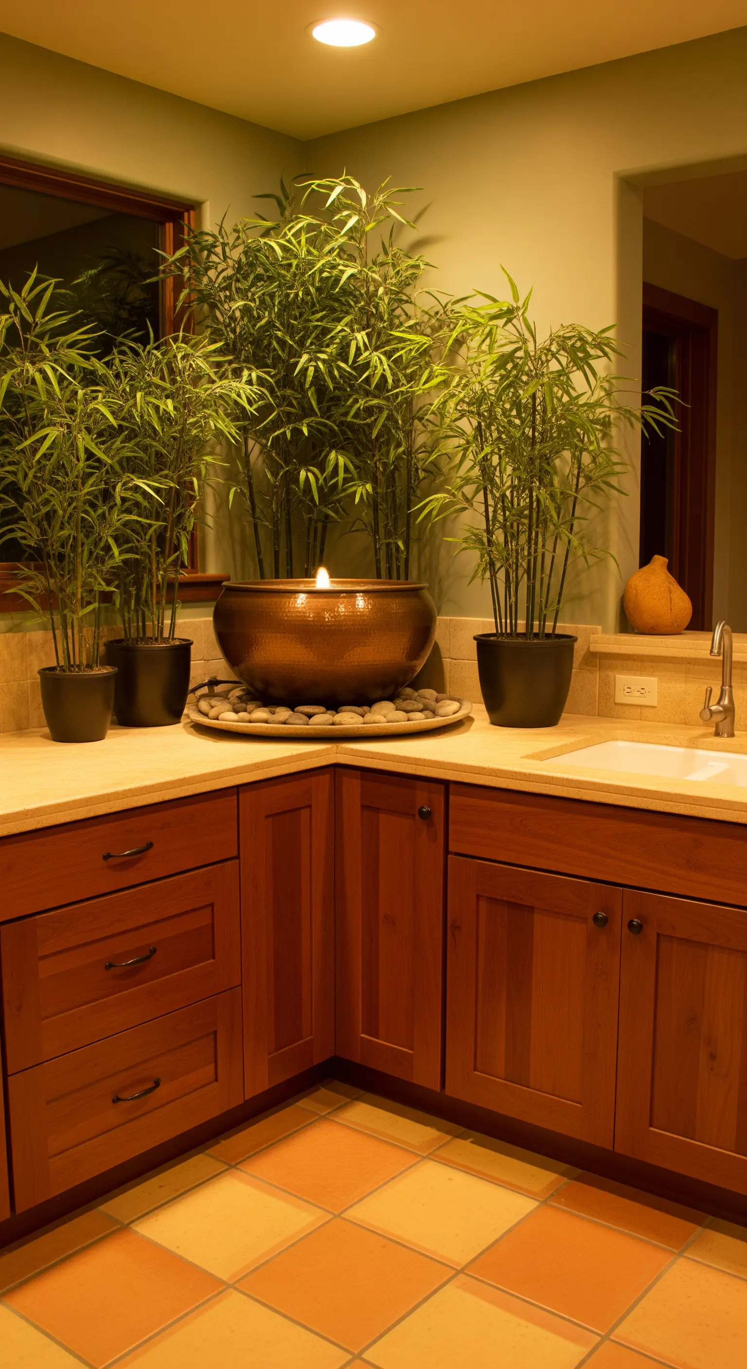 Angolo cucina con fontana in una ciotola di rame e piante di bambù in vaso.