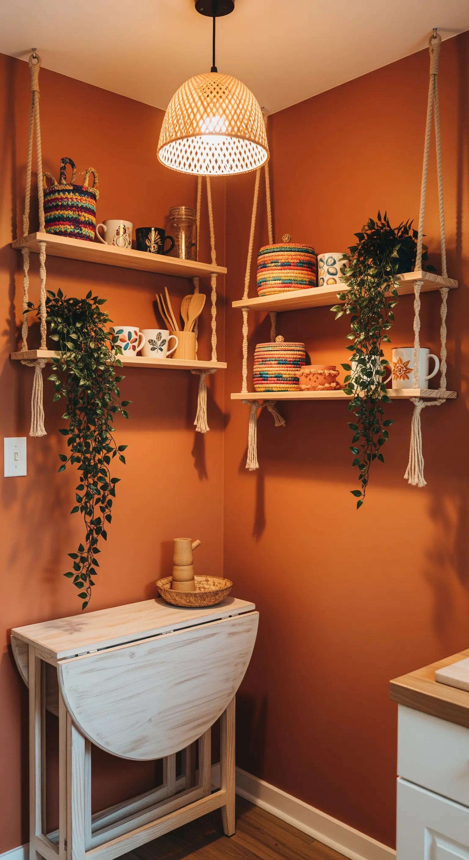 Angolo cucina con parete color terracotta, mensole sospese con corde e tavolo a ribalta bianco.