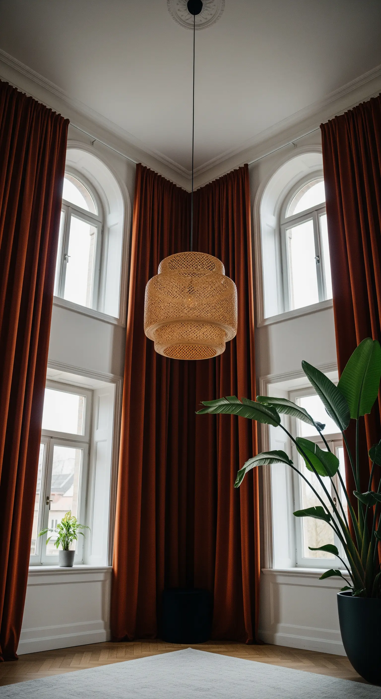 Angolo di una stanza con alte finestre ad arco e lunghe tende in velluto terracotta