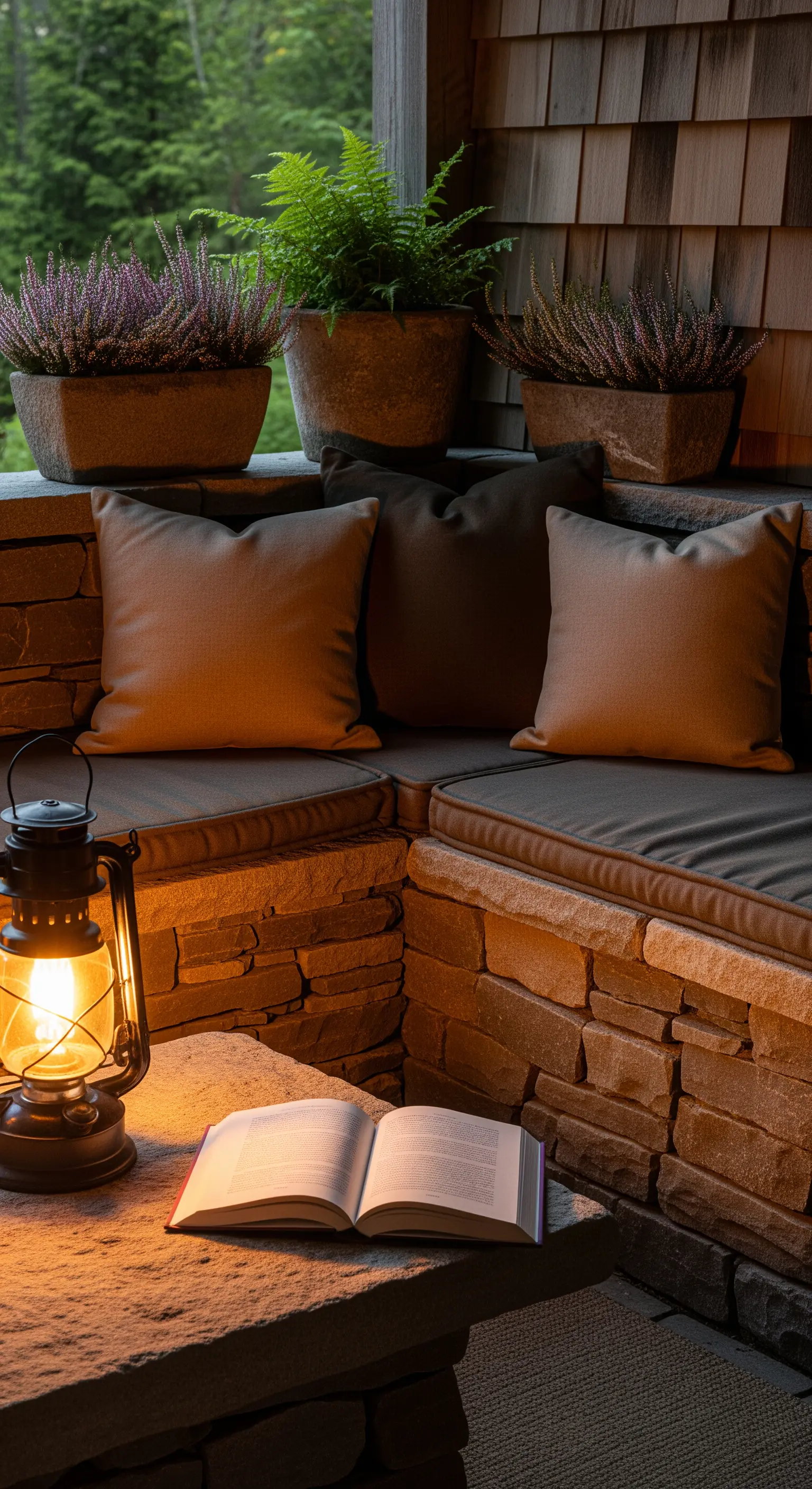 Angolo lettura su una panca in pietra con cuscini su misura, illuminato da una lanterna a olio
