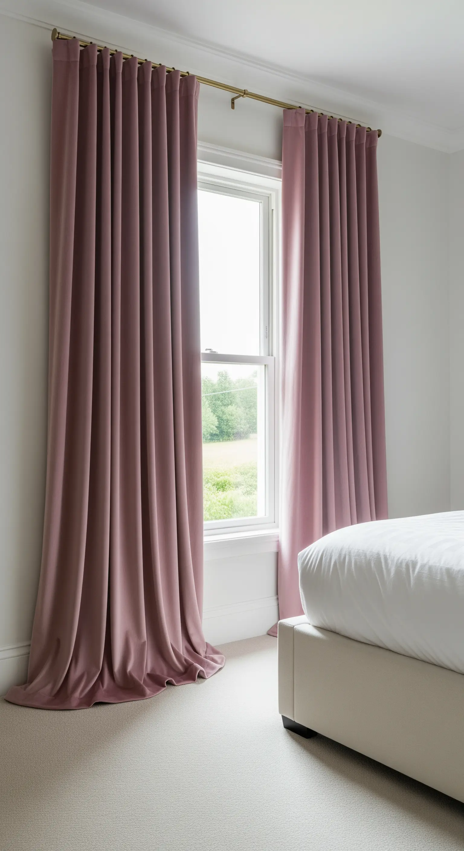 Tende lunghe in velluto rosa antico appese a un bastone dorato, che toccano il pavimento.