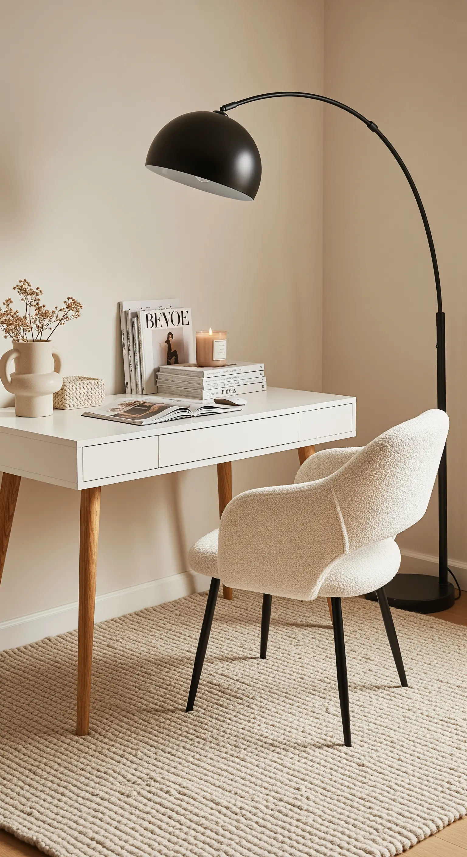 Scrivania bianca con sedia in tessuto bouclé, lampada ad arco nera e tappeto in iuta.