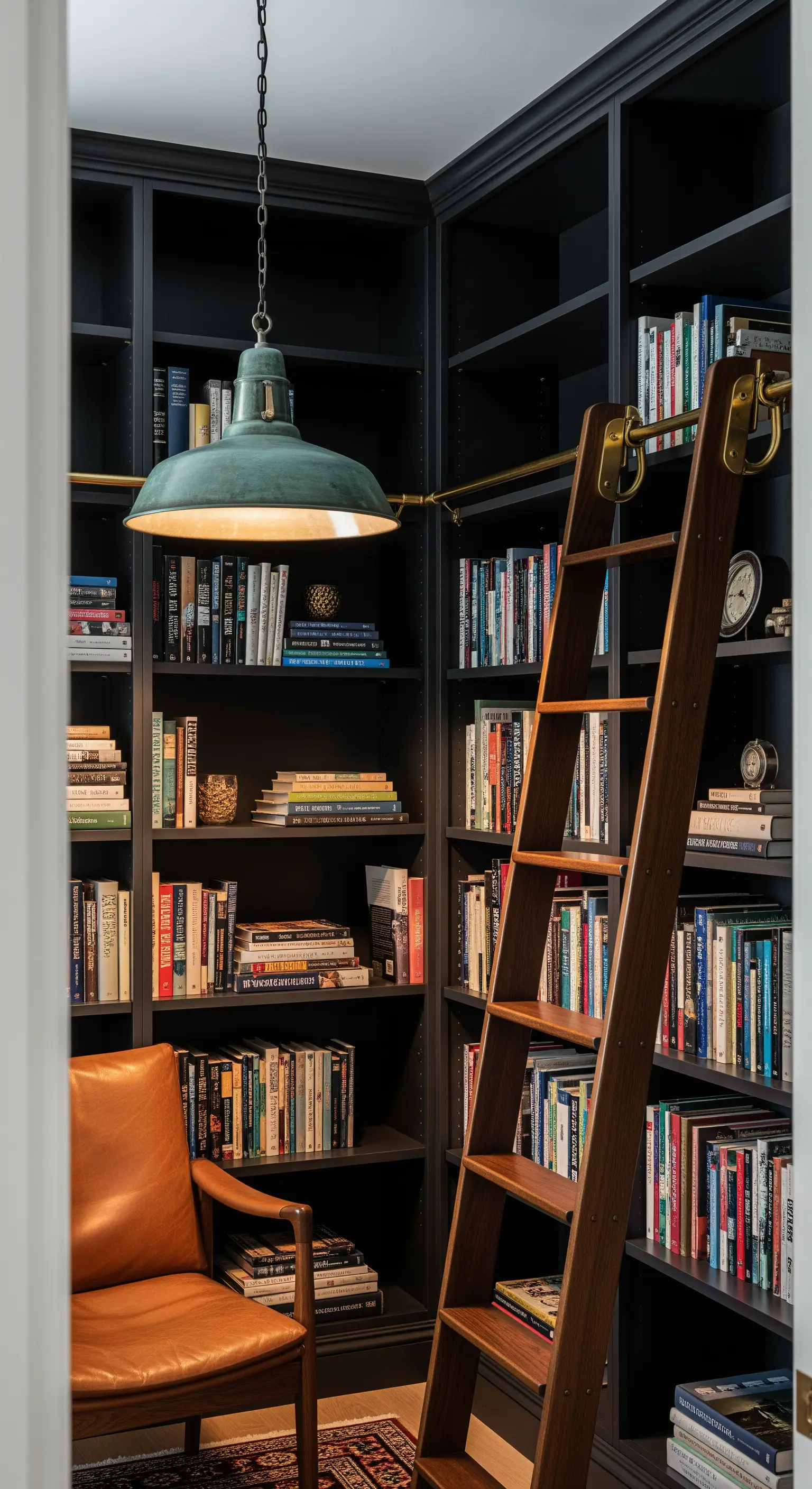 Libreria a tutta altezza con scala in legno e binario in ottone, illuminata da una lampada a sospensione.