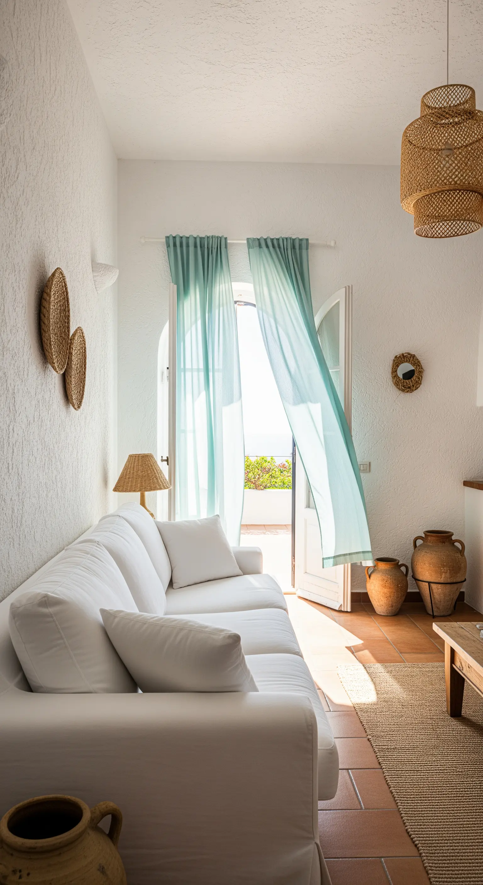 Divano bianco in un ambiente mediterraneo con tende verde acqua che si muovono al vento.