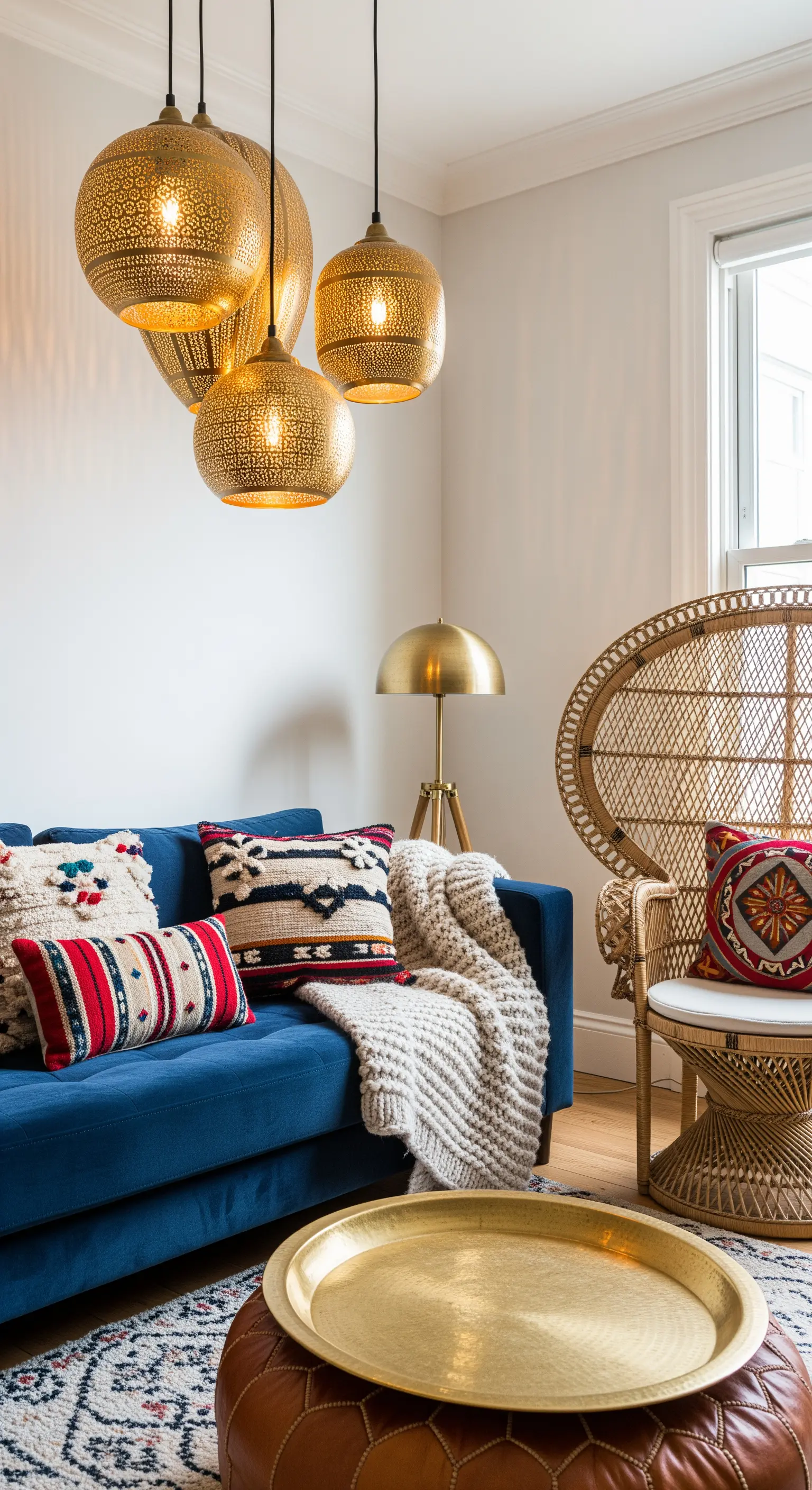 Divano blu con cuscini etnici, sedia in rattan e lampade a sospensione dorate traforate.