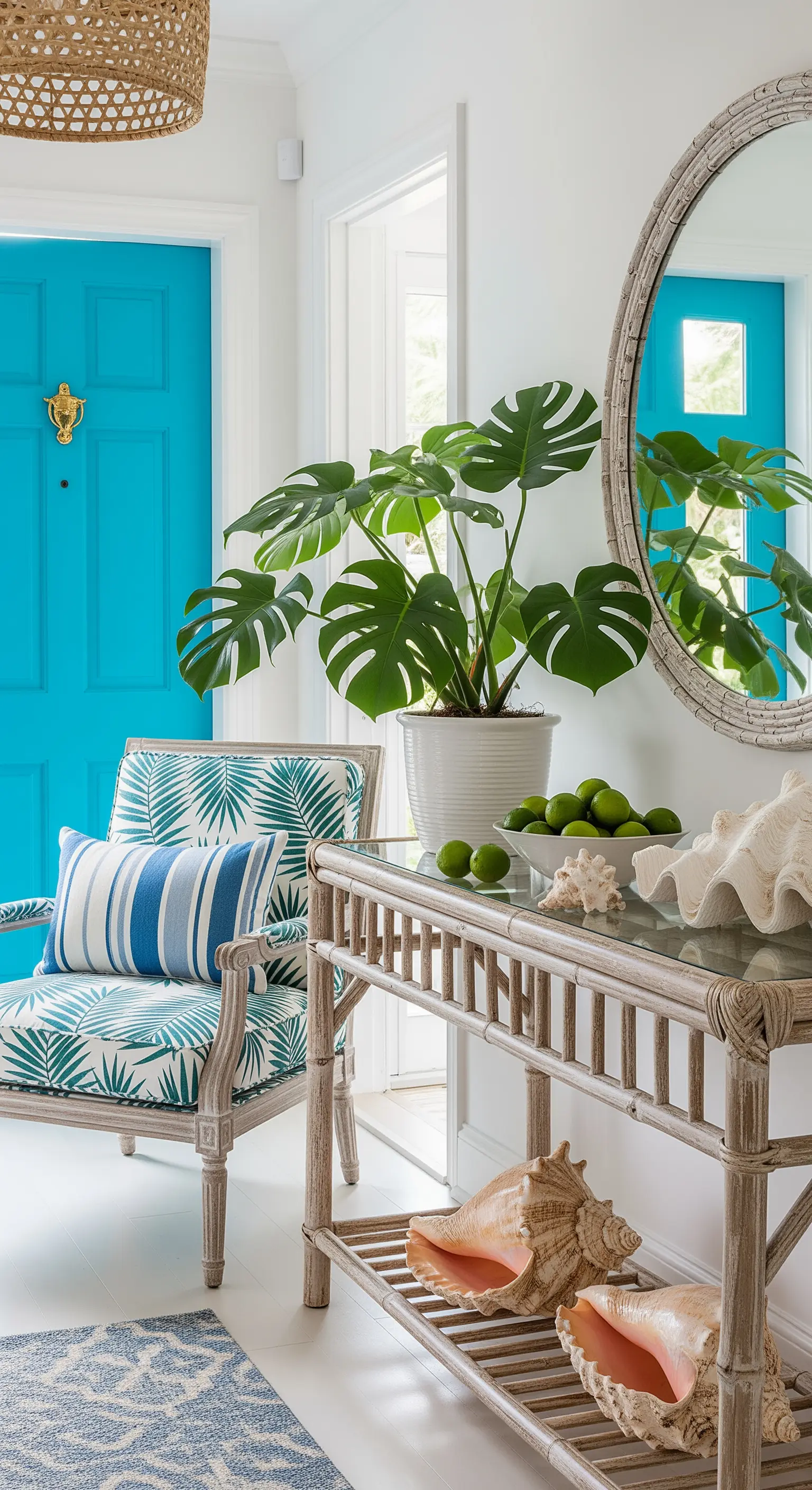 Ingresso con porta turchese brillante, consolle in rattan e grande pianta di Monstera.