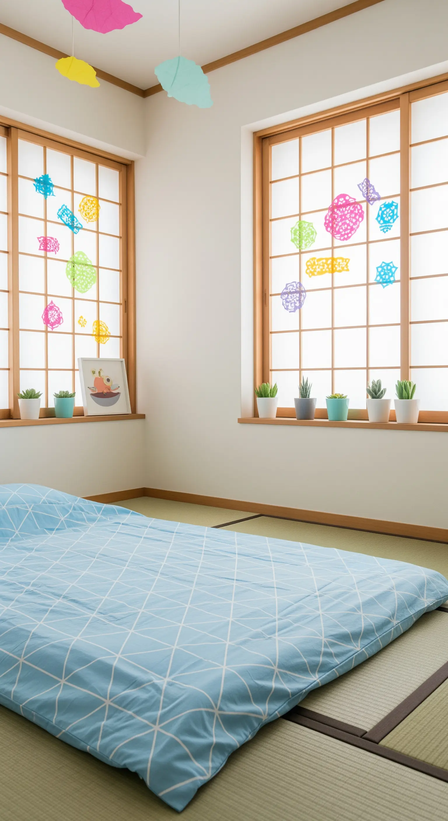Futon blu in una stanza bianca con decorazioni di carta colorata sui pannelli shoji.