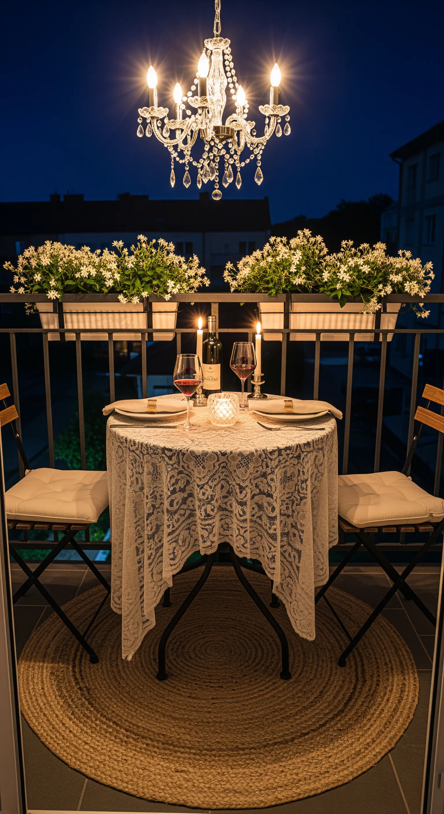 Cena romantica su un balcone con un piccolo lampadario di cristallo appeso sopra il tavolo.