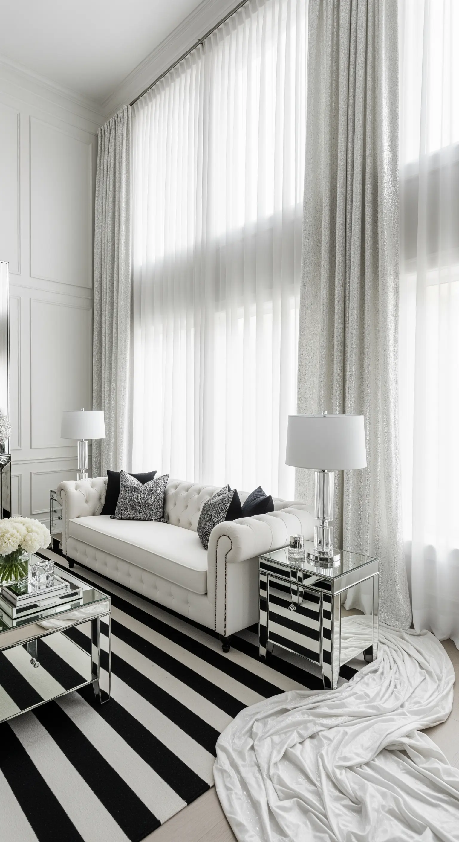 Soggiorno glamour con divano chesterfield bianco, tende argentate e tappeto a righe.