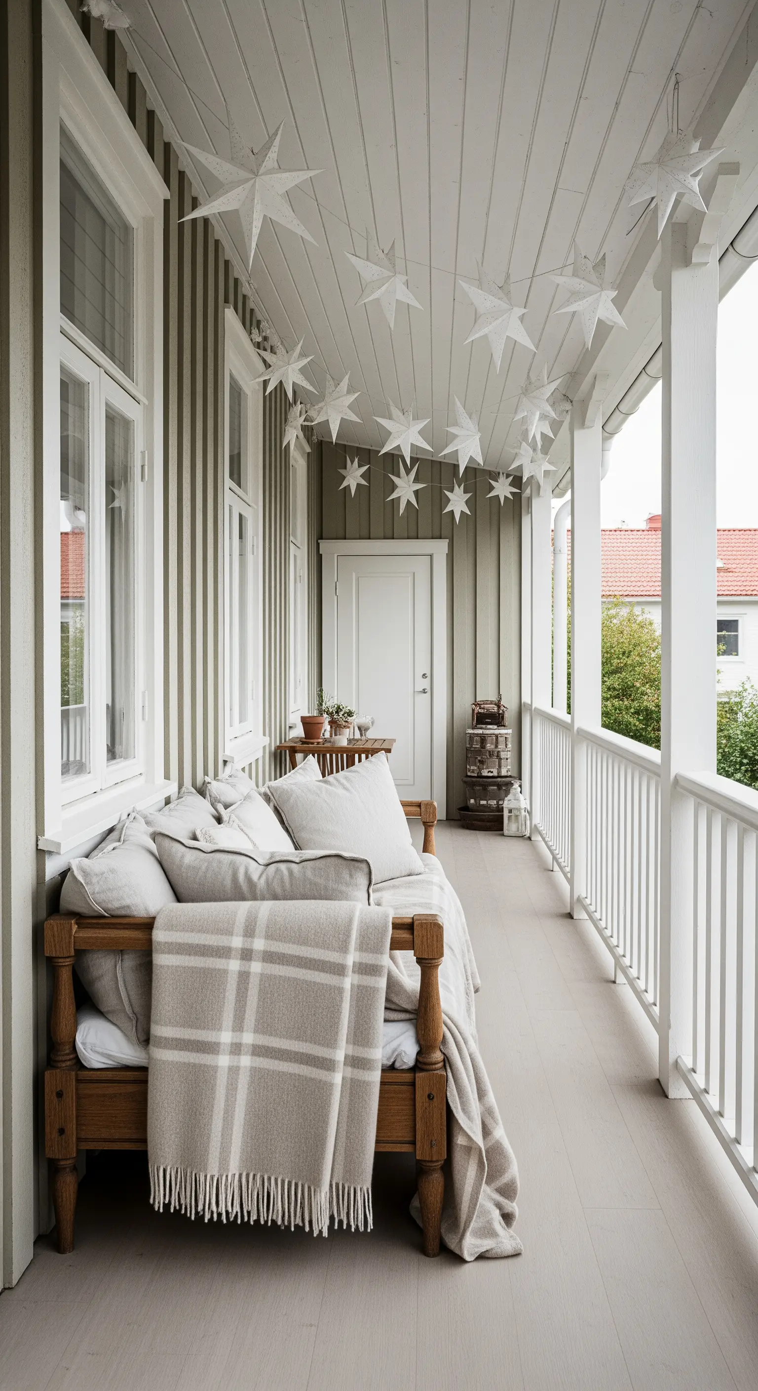 Daybed con cuscini e plaid neutri sotto una ghirlanda di stelle di carta bianche