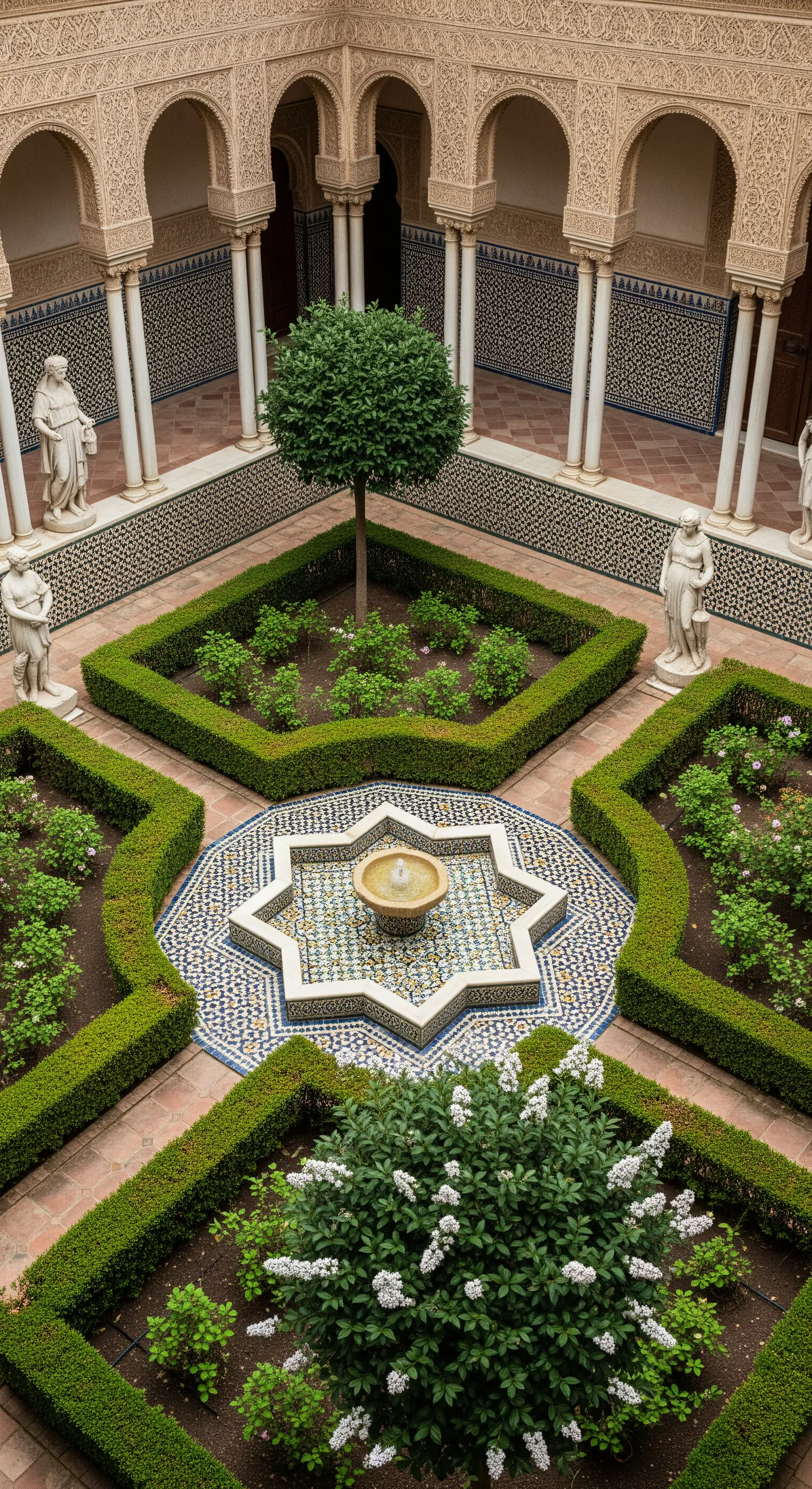 Cortile in stile moresco con fontana a stella rivestita di mosaici blu e bianchi e aiuole squadrate