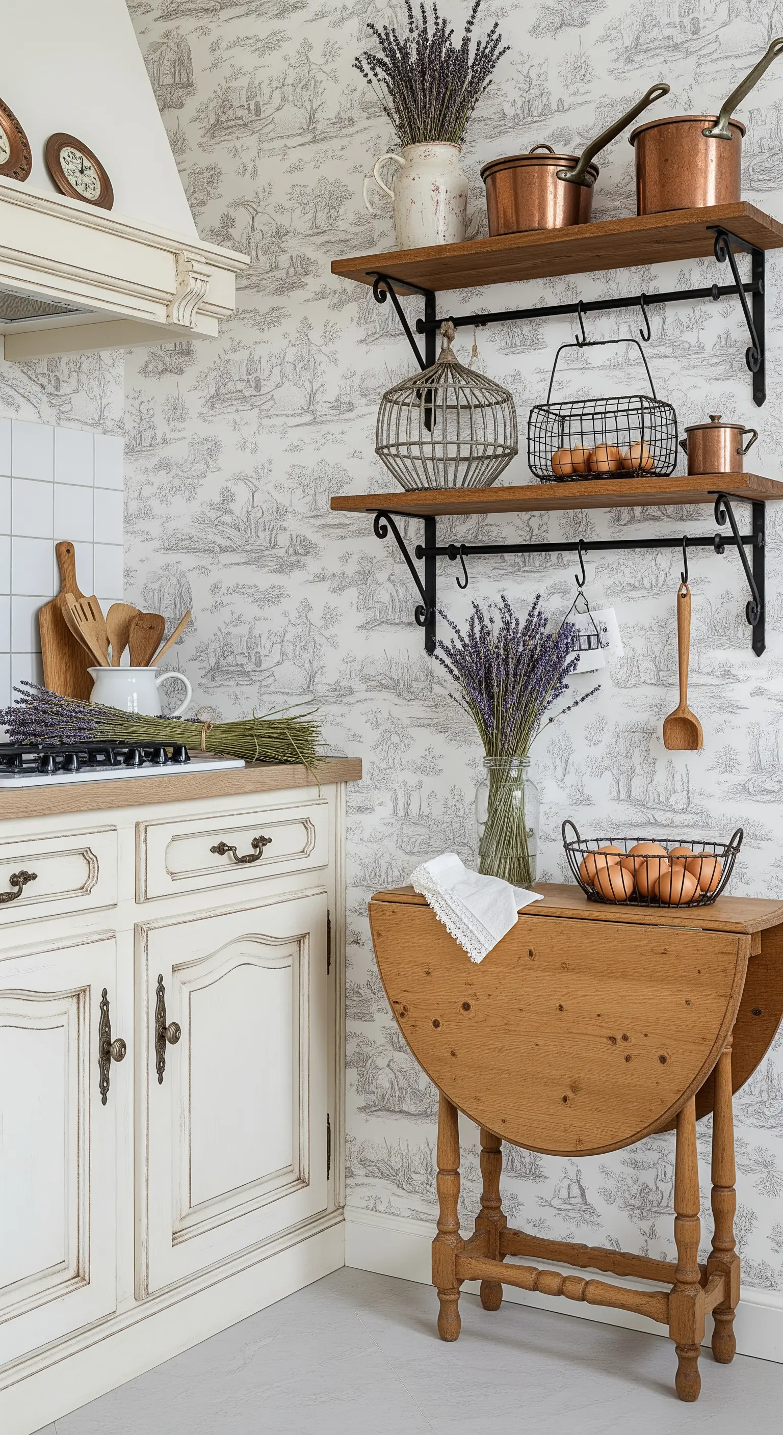 Cucina provenzale con carta da parati Toile de Jouy, mobili decapati e tavolo pieghevole.