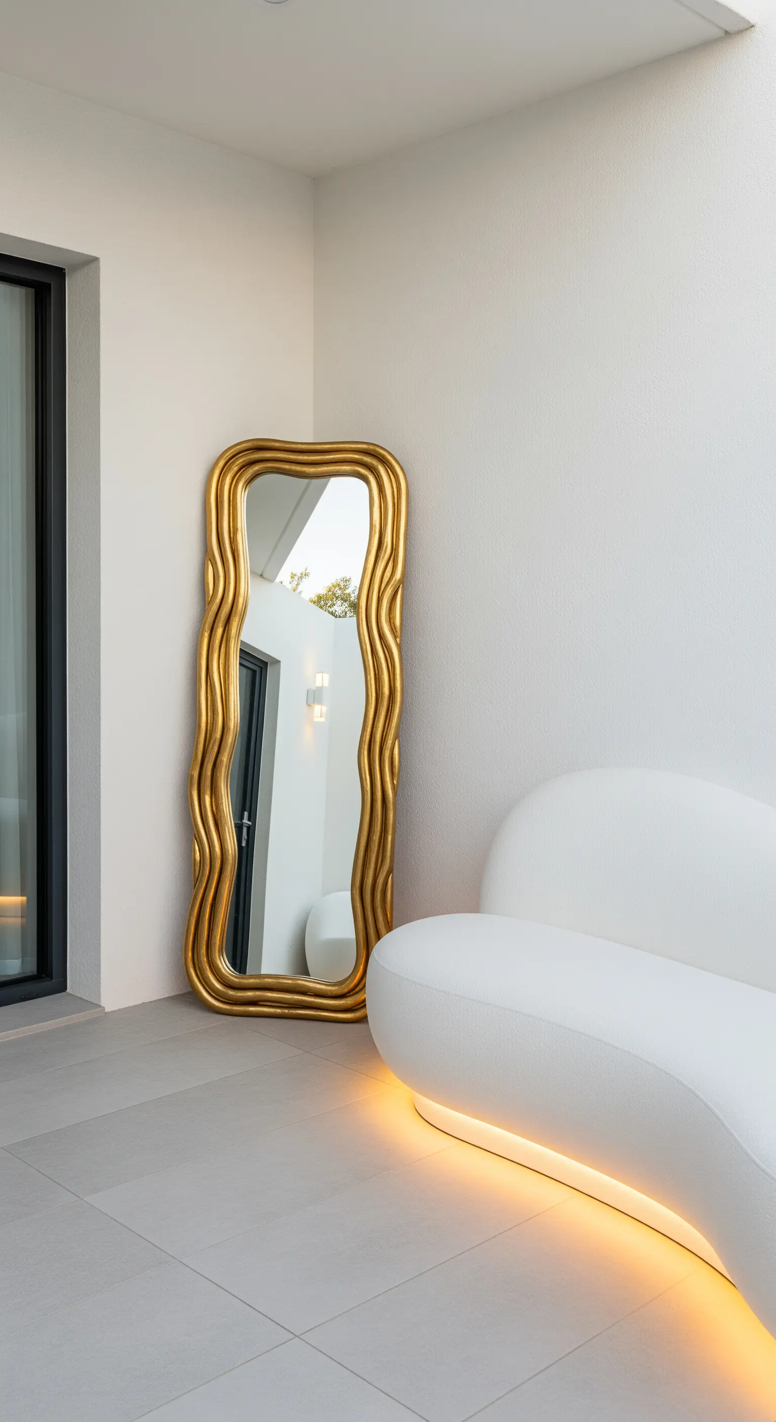 Angolo di un patio minimalista con divano bianco curvo e specchio dorato a figura intera dalle forme ondulate