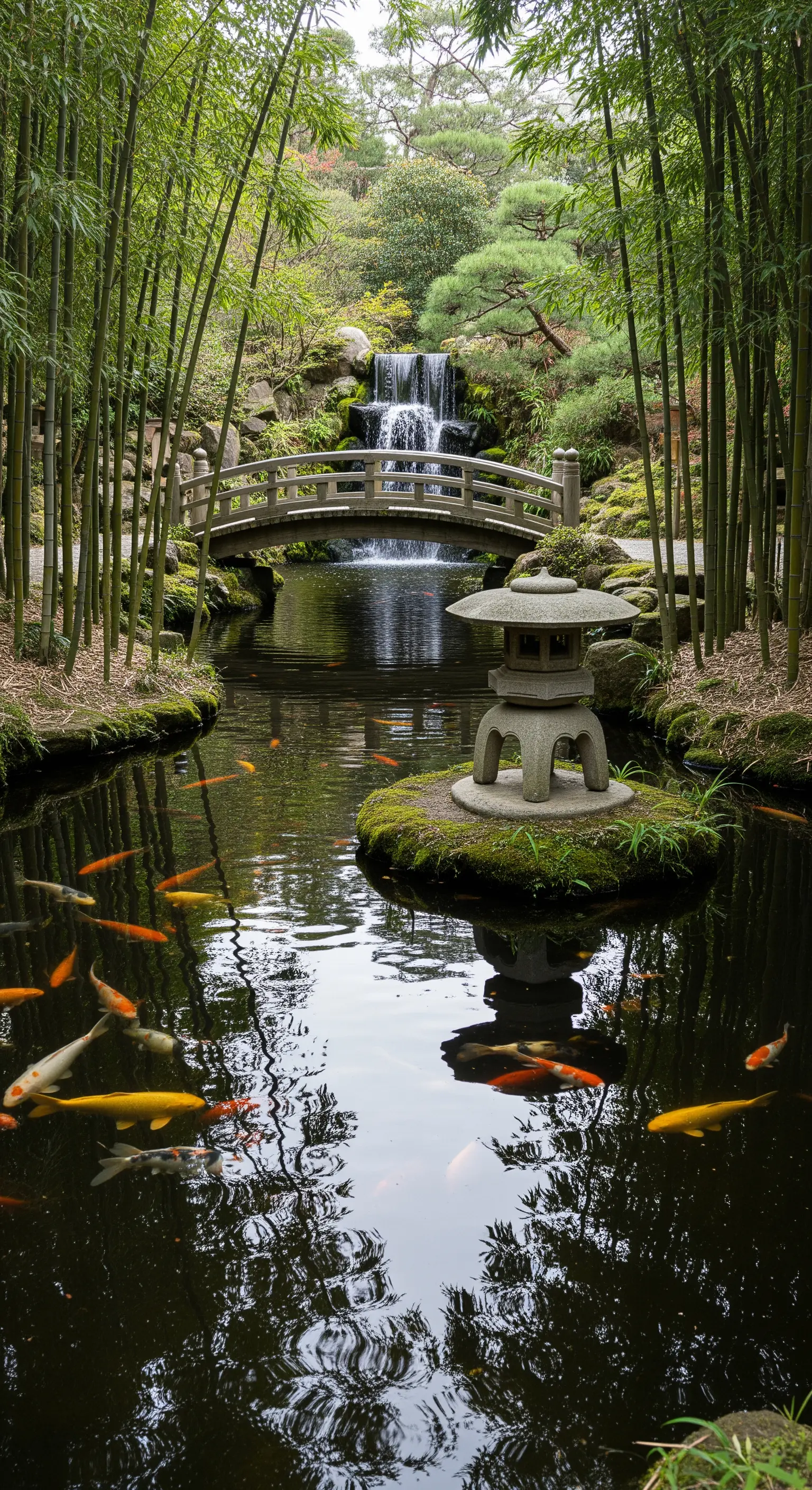 Laghetto con carpe koi, ponte ad arco e lanterna in pietra tra il bambù.