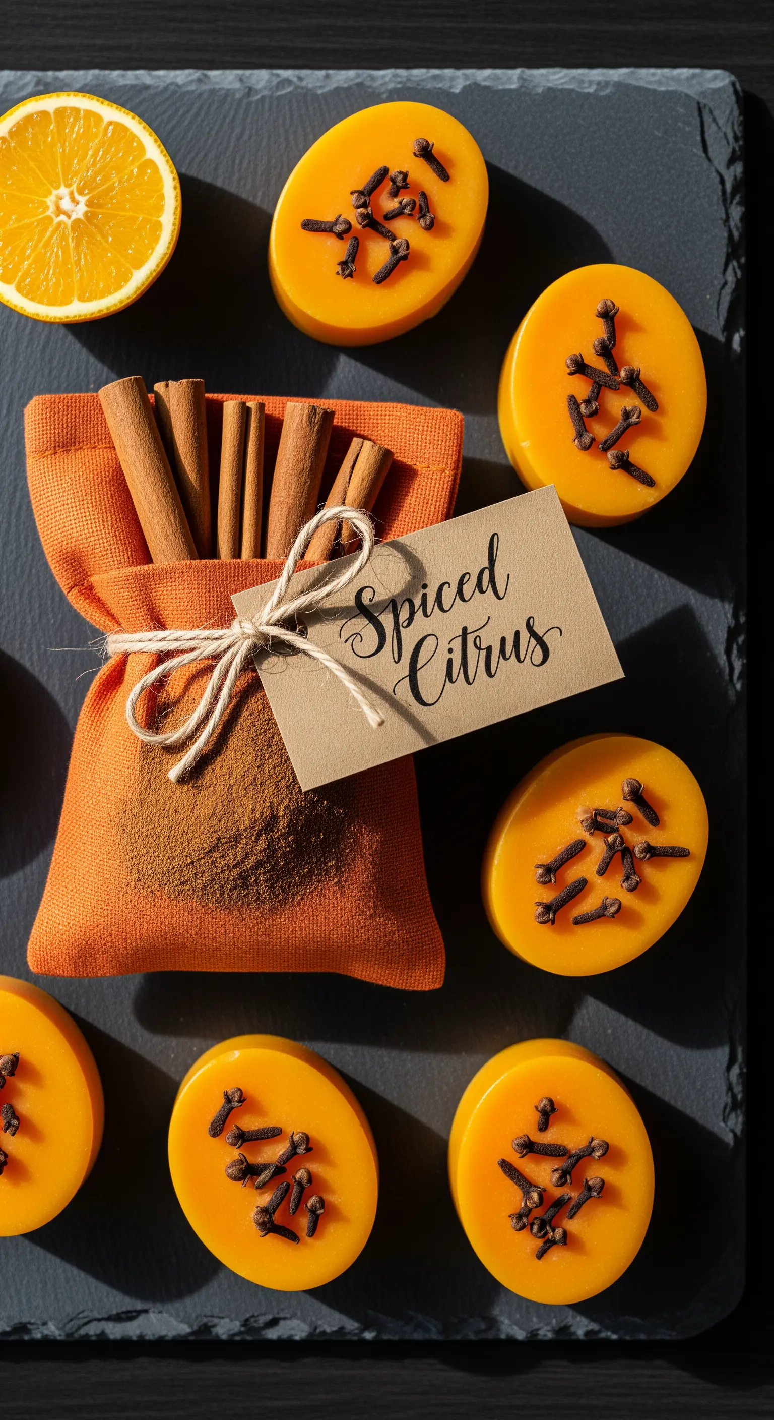 Saponi all'arancia con chiodi di garofano e un sacchetto di lino con cannella e spezie.