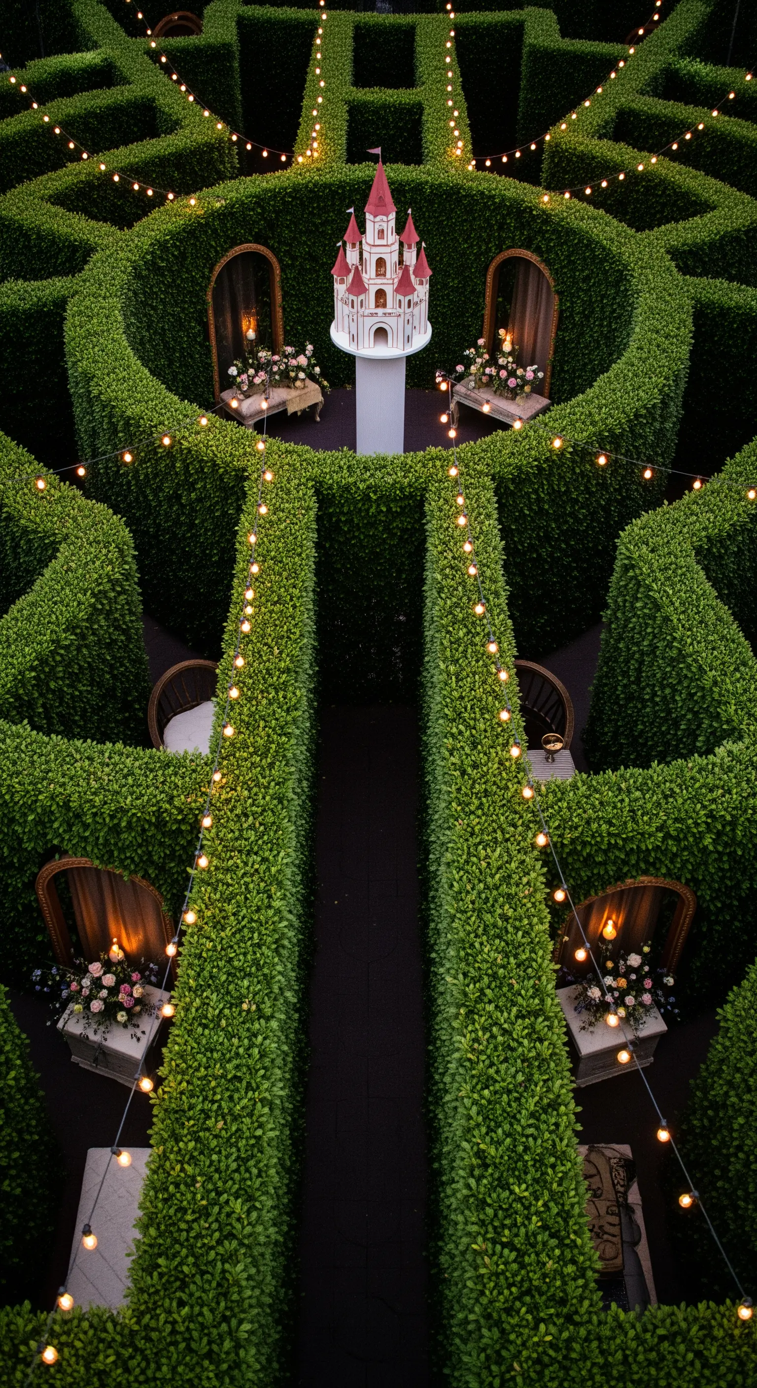 Labirinto di siepi in un giardino con un castello in miniatura al centro e luci sospese.