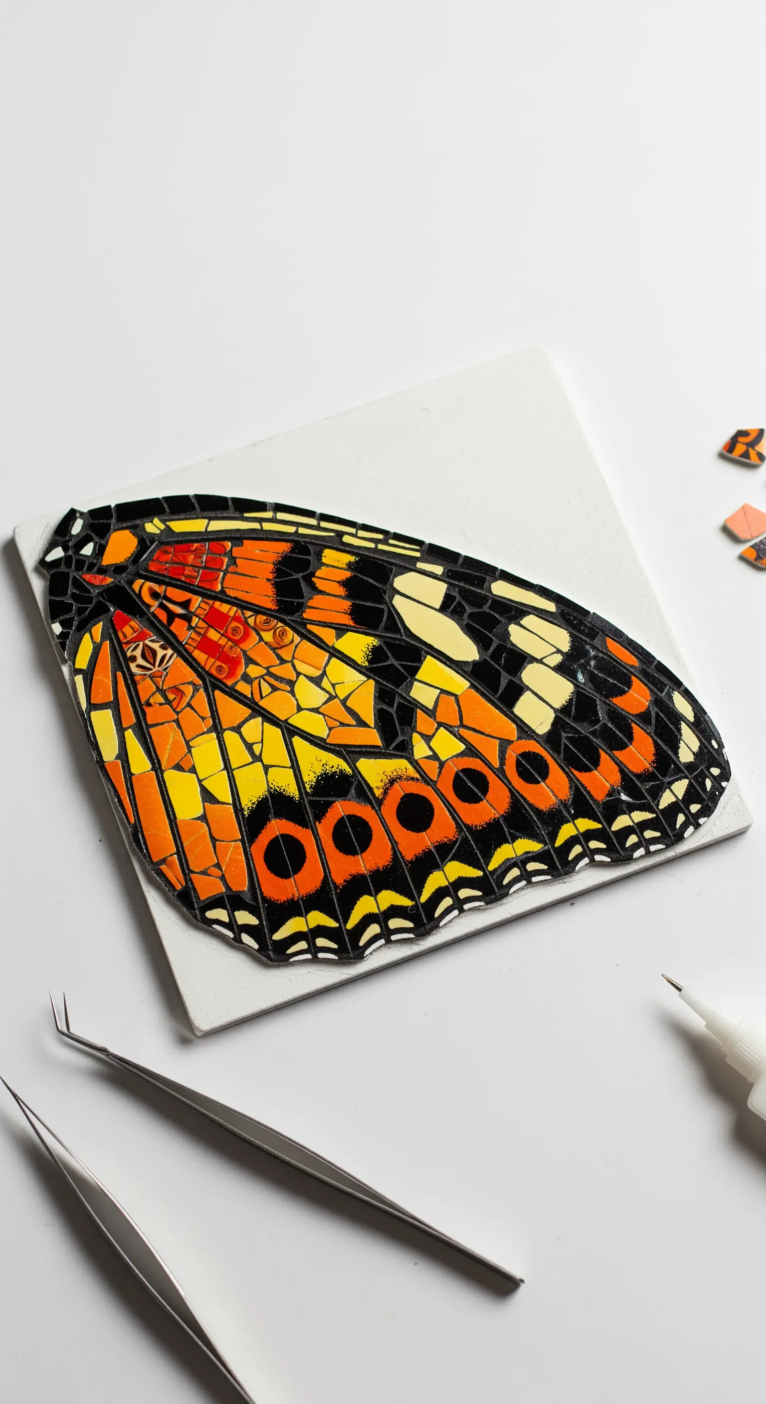 Mosaico dettagliatissimo di un'ala di farfalla monarca, con tessere arancioni, gialle e nere.