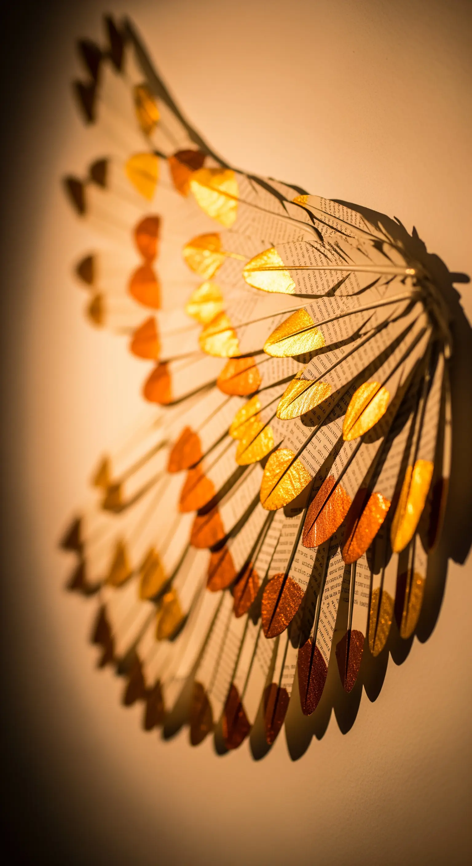 Ala decorativa creata con piume ritagliate da pagine di libro, con accenti dorati.