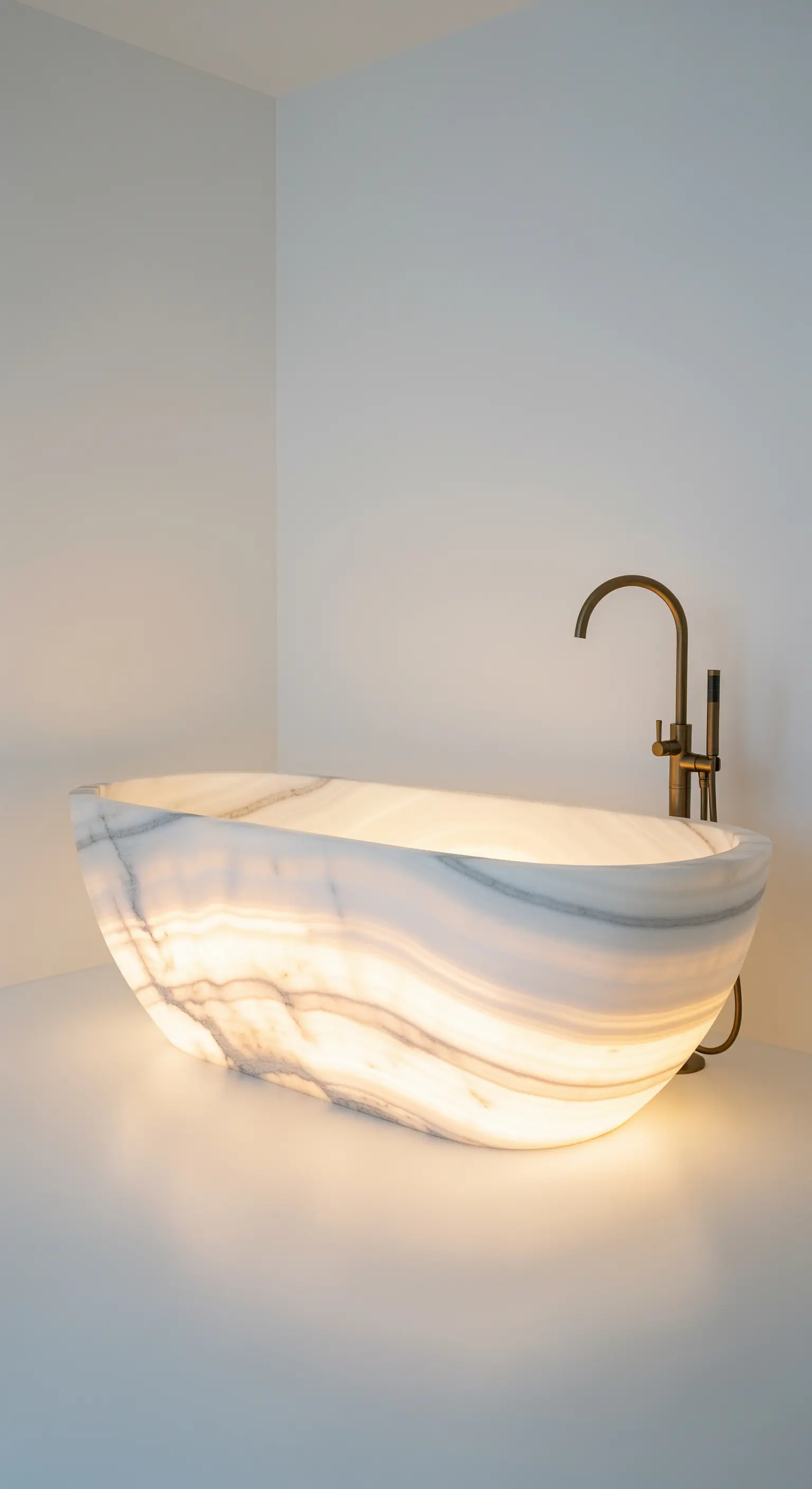 Vasca ovale in alabastro bianco retroilluminata, che emana una luce calda e soffusa.