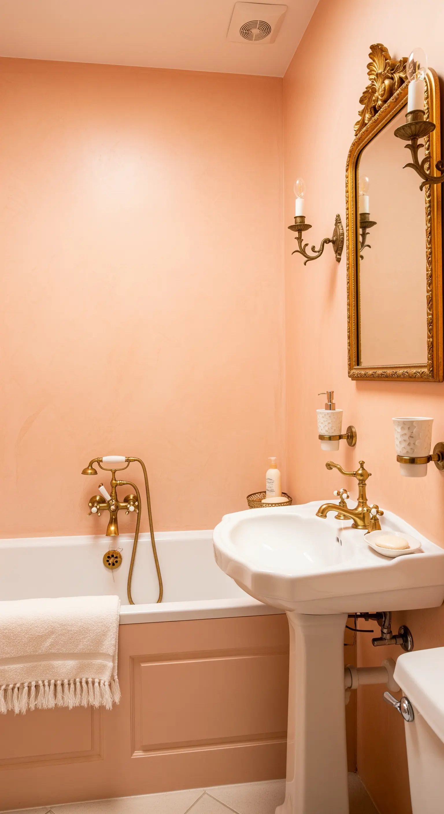 Bagno color albicocca con lavabo a colonna e un grande specchio con cornice dorata barocca.