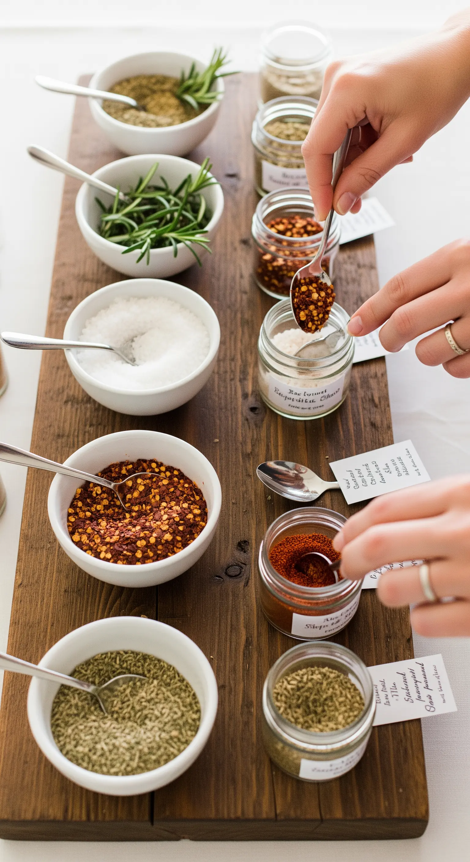 Postazione per creare mix di spezie personalizzati con ciotole e barattoli di vetro