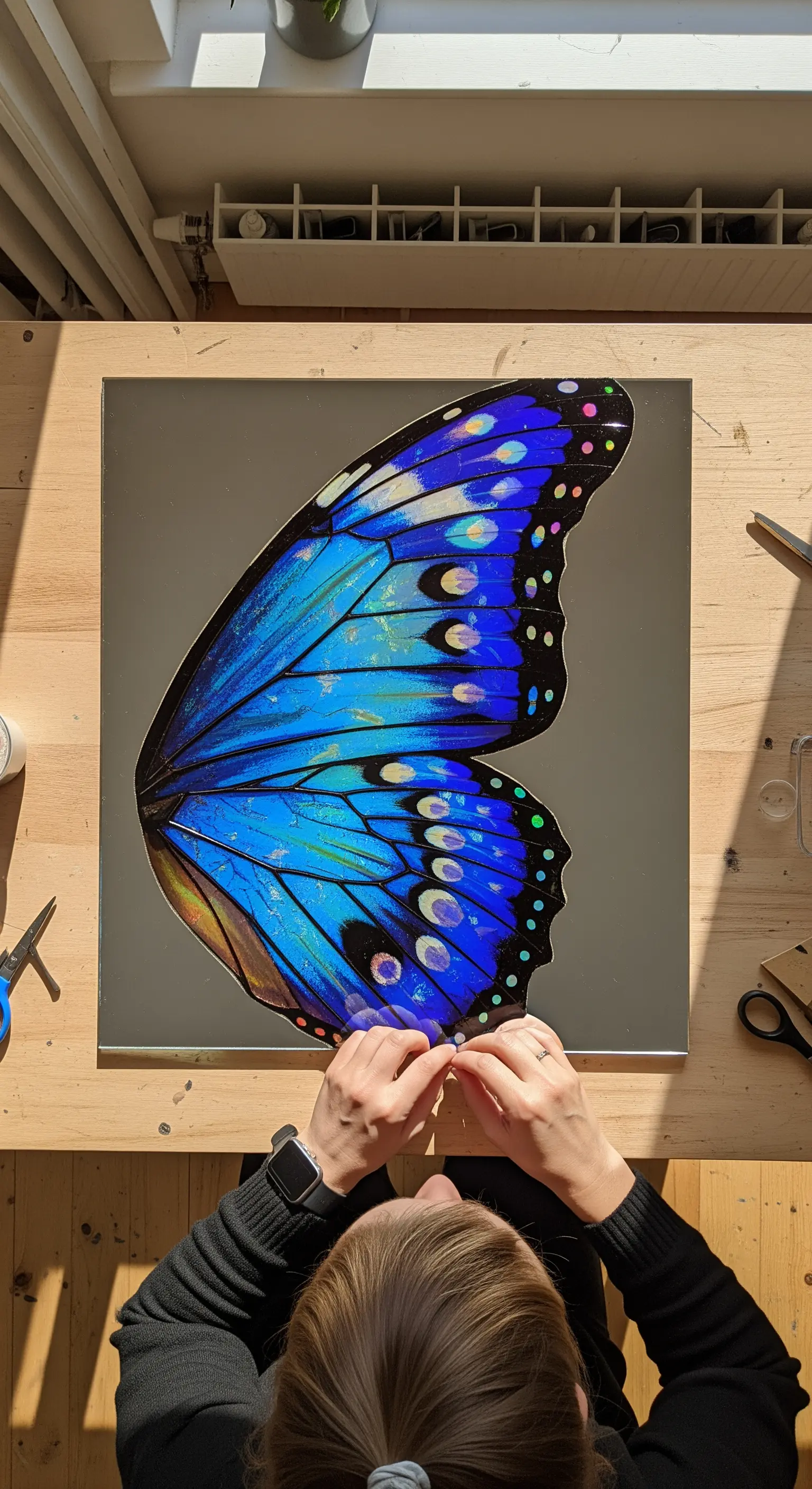 Persona che applica un adesivo a forma di ala di farfalla blu su uno specchio quadrato.