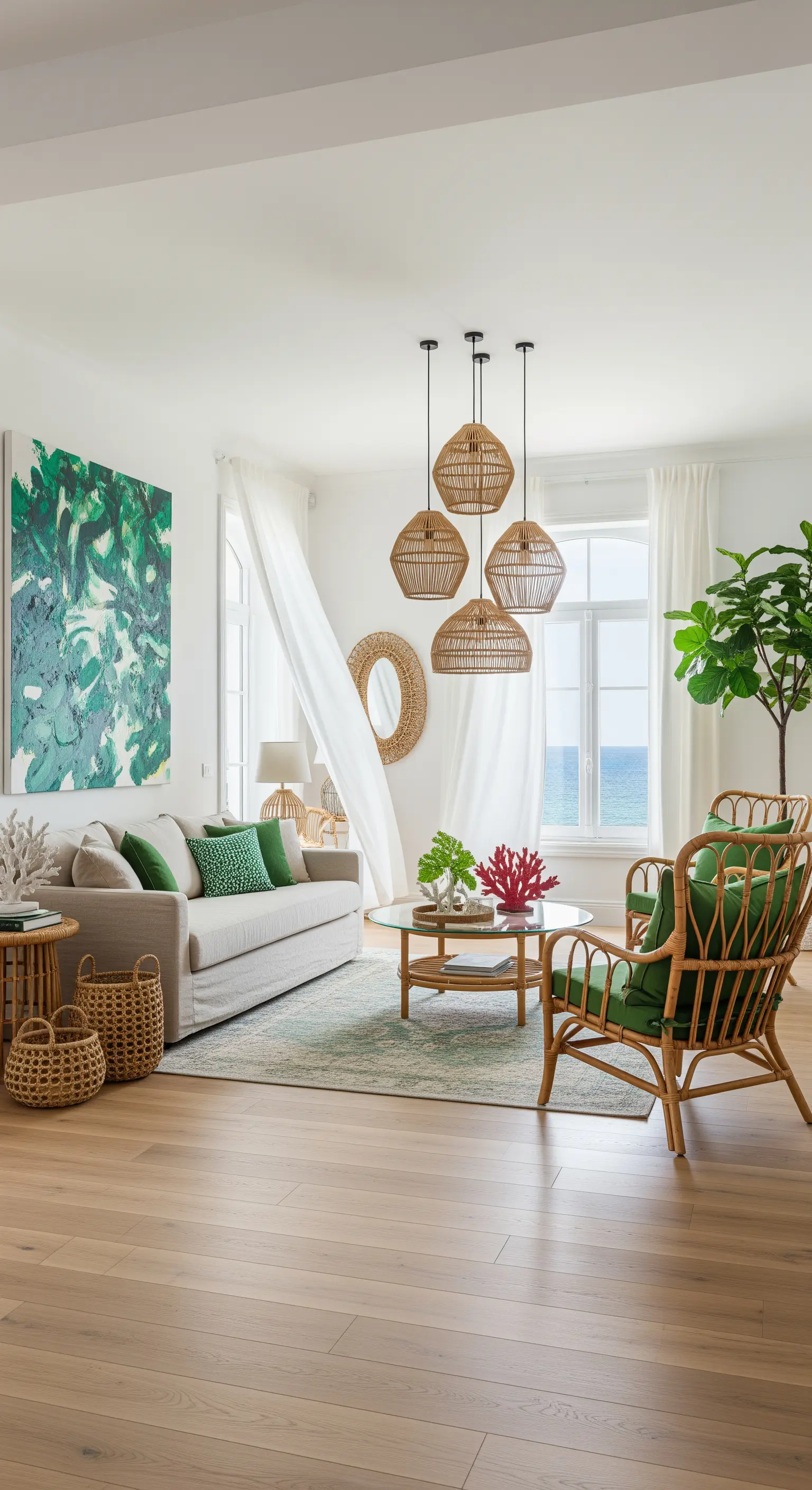 Soggiorno luminoso con divano neutro, accenti verdi e lampadari in rattan pendenti.