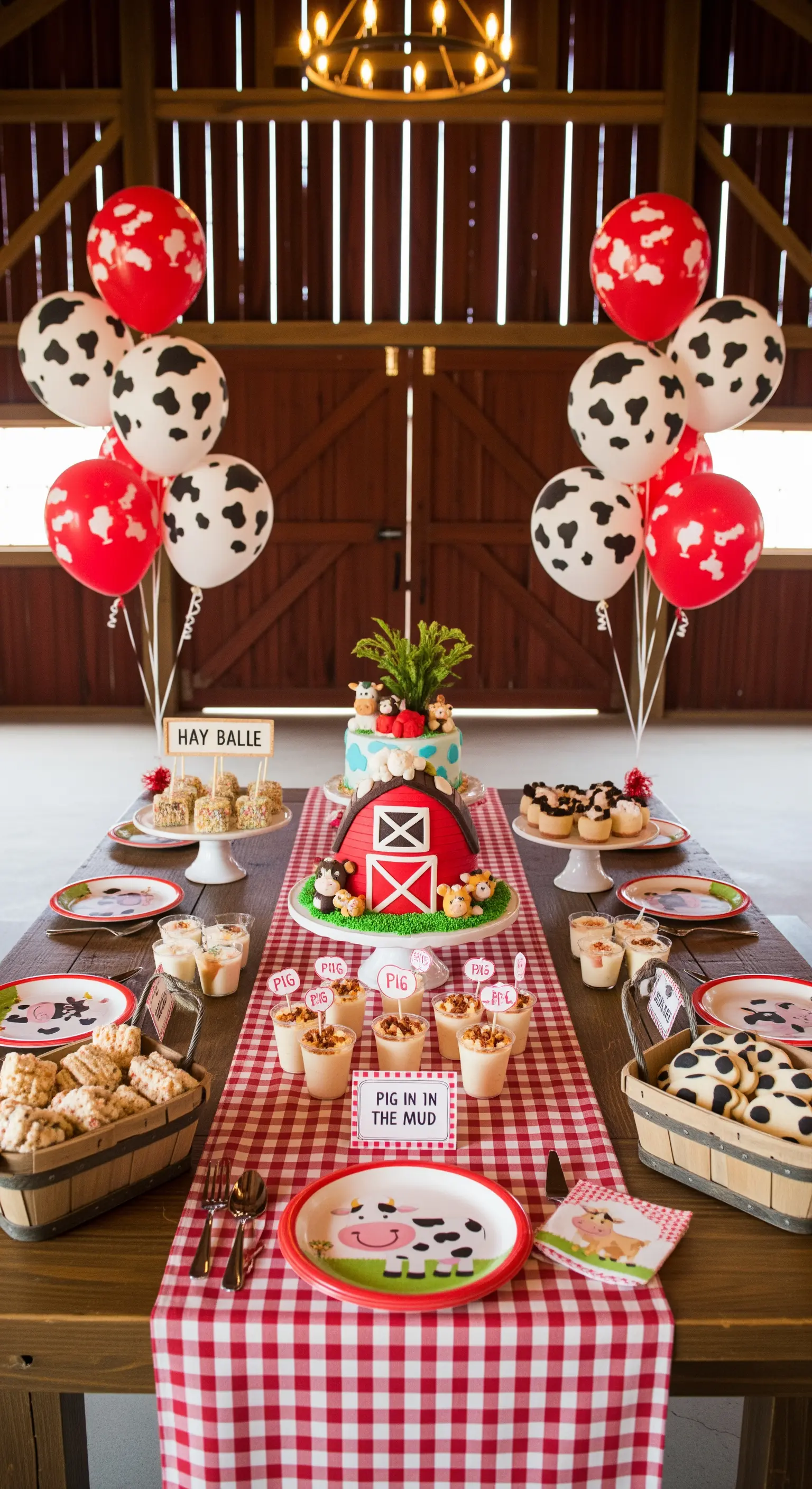 Festa a tema fattoria con runner a quadretti, palloncini a macchie di mucca e torta con fienile.