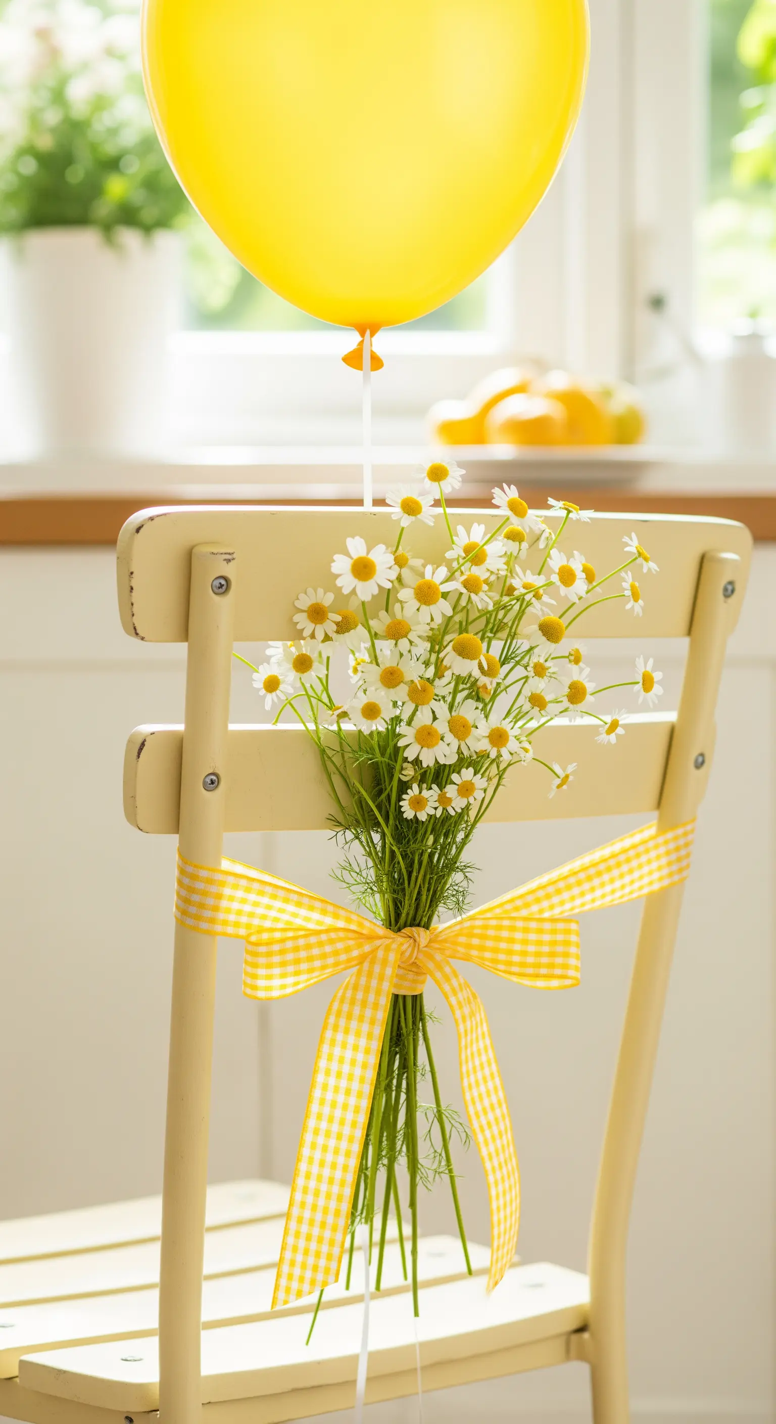 Sedia color crema con fiocco a quadretti gialli e un mazzo di camomilla.