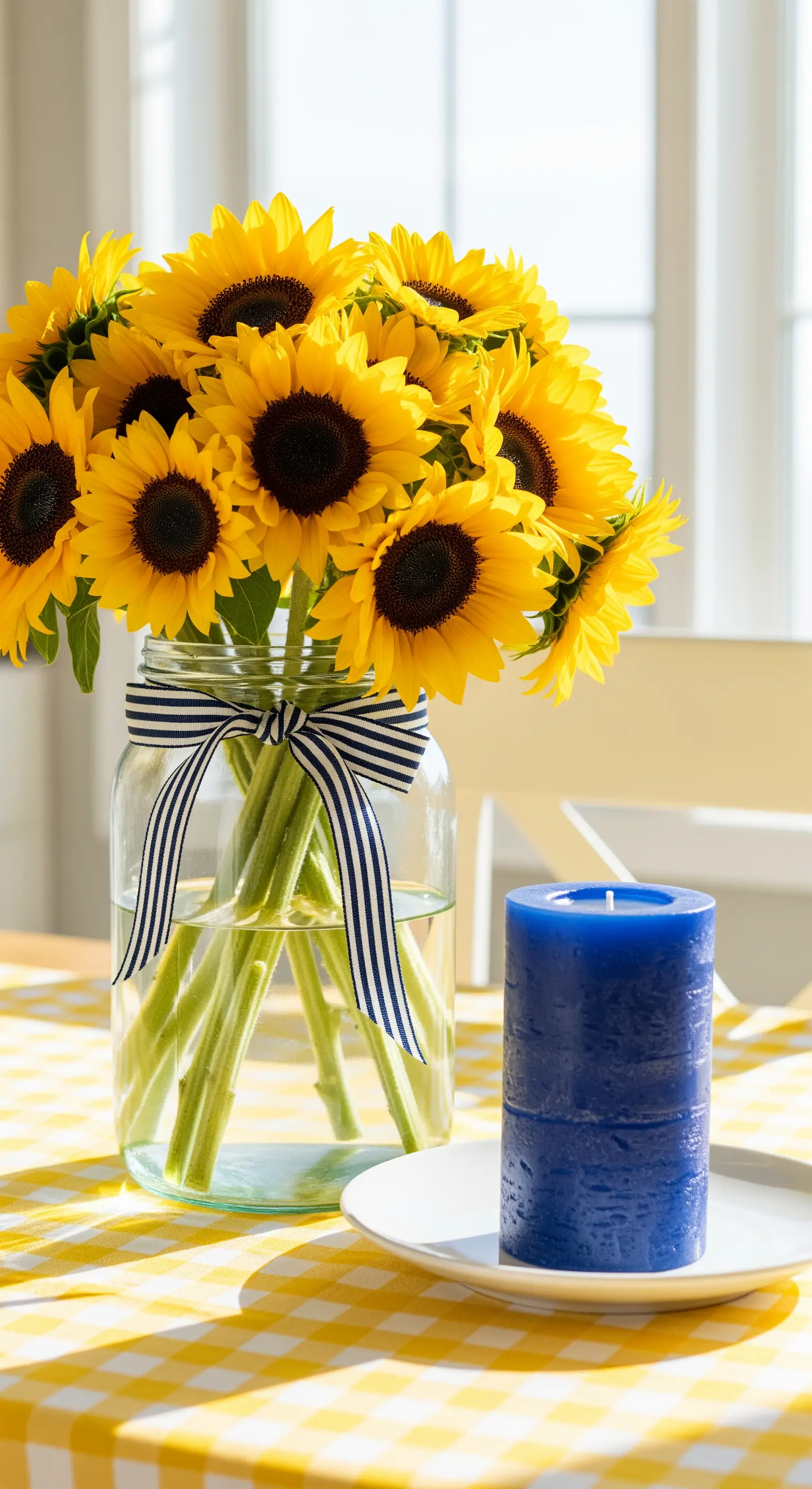 Vaso di vetro con un grande mazzo di girasoli e una candela blu su tovaglia a quadri gialla.