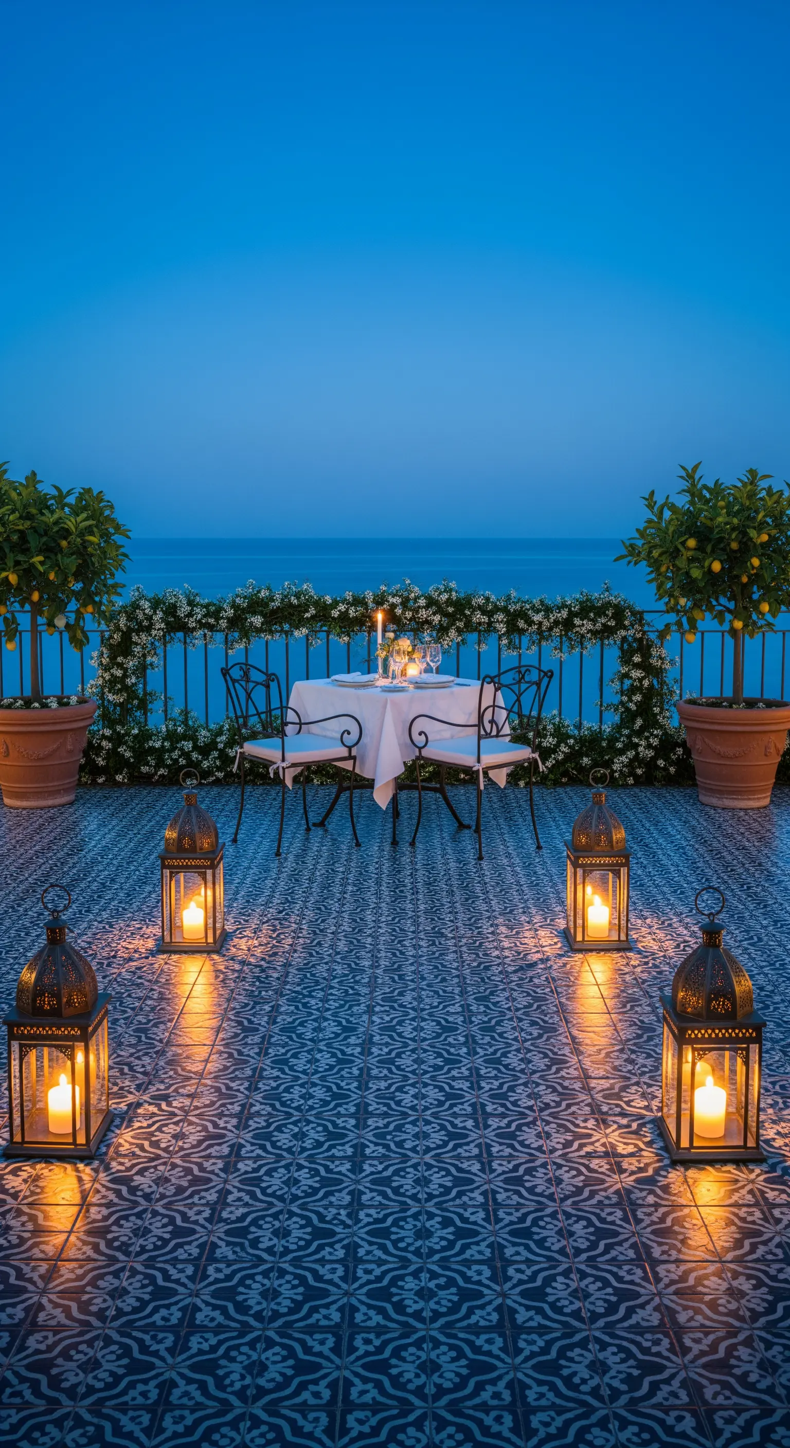 Terrazza vista mare di notte con tavolo per due e grandi lanterne accese sul pavimento a maioliche