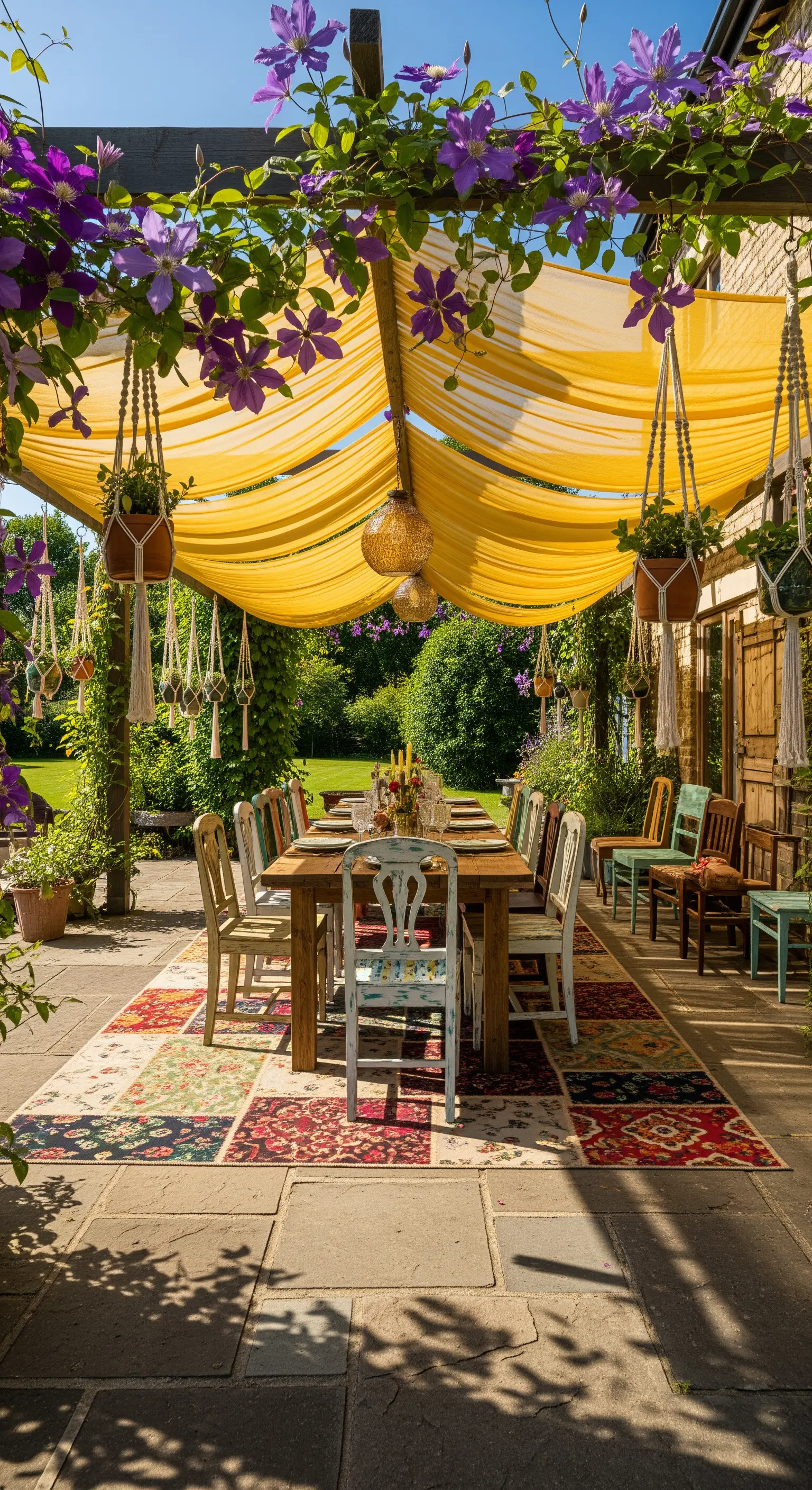 Lungo tavolo da pranzo sotto una pergola con tessuto giallo e tappeto patchwork.
